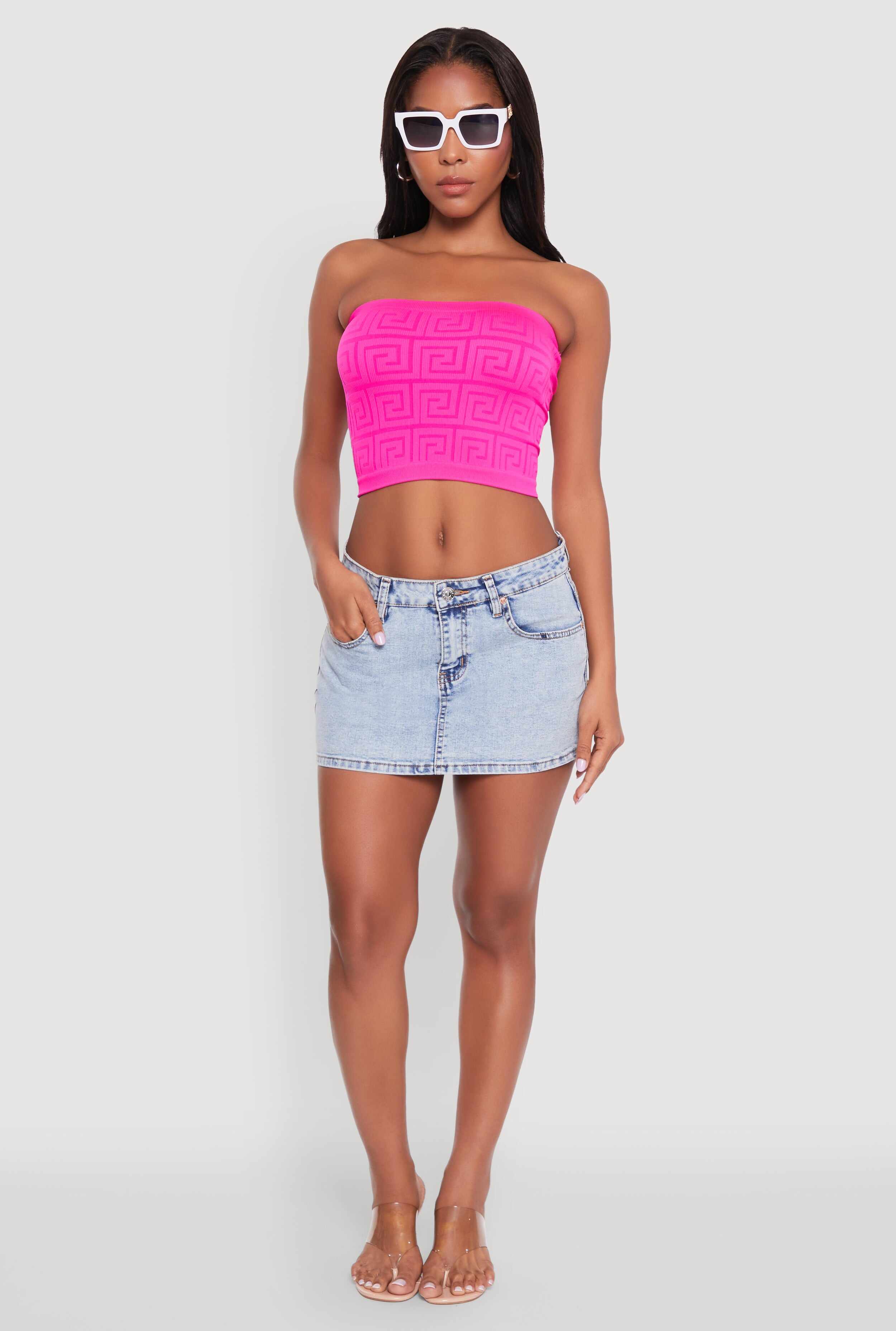 Trendy Greek Key Rib Knit Cropped Tube Top