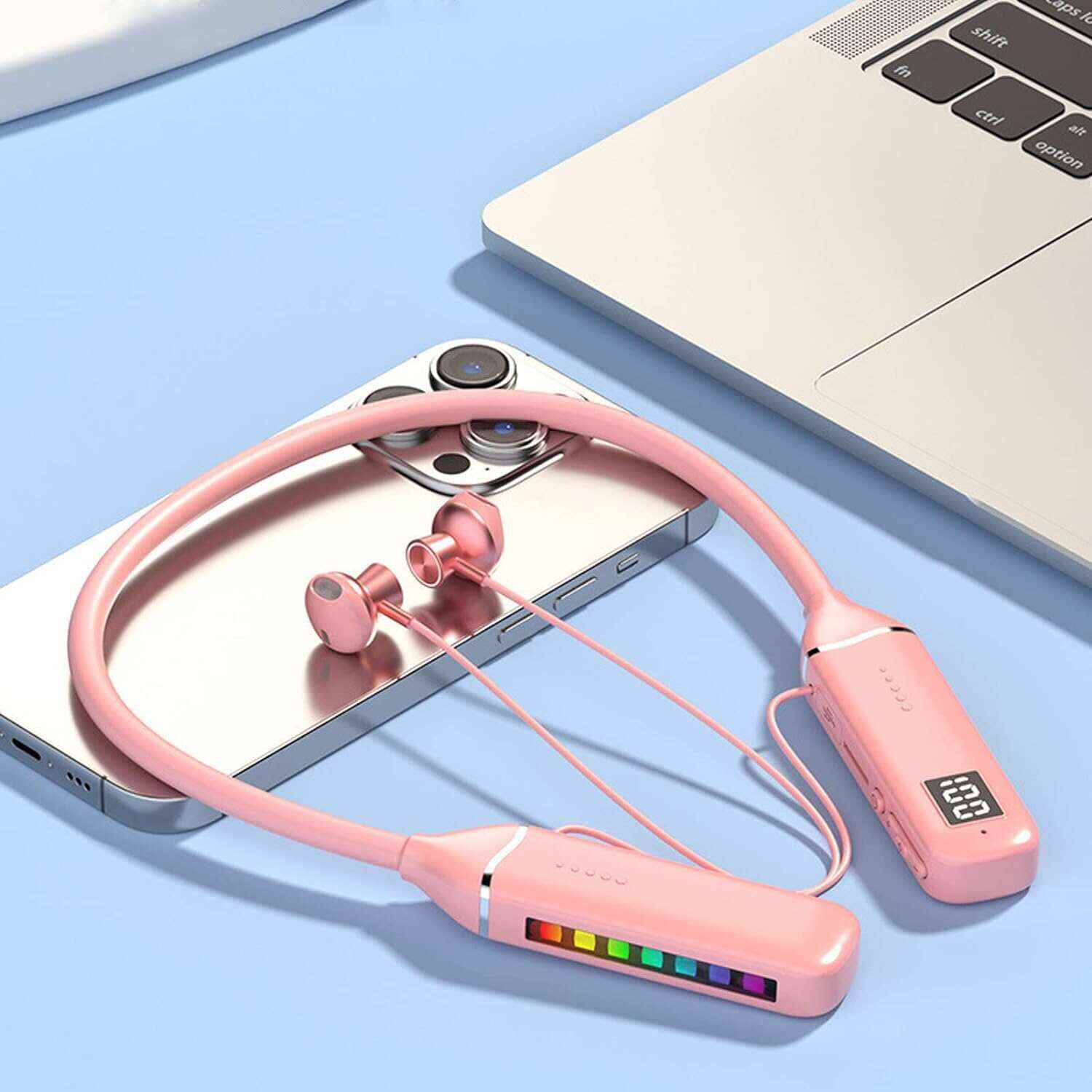 Bluetooth Neckband Headphone, Neckband Earphones Wireless, LED Power Display Memory Card Playback Magnetic Earbuds Headset with RGB Backlight (Black)
