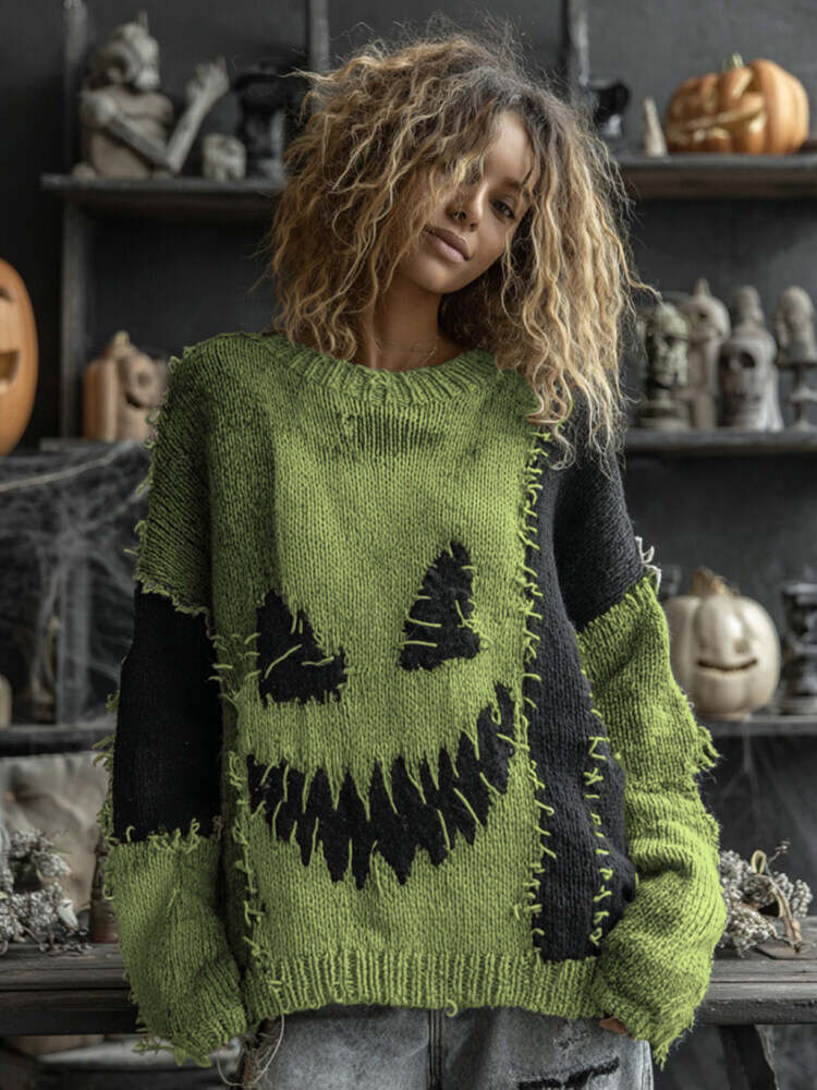 Halloween Spooky Face Contrast Stitched Cozy Knit Sweater