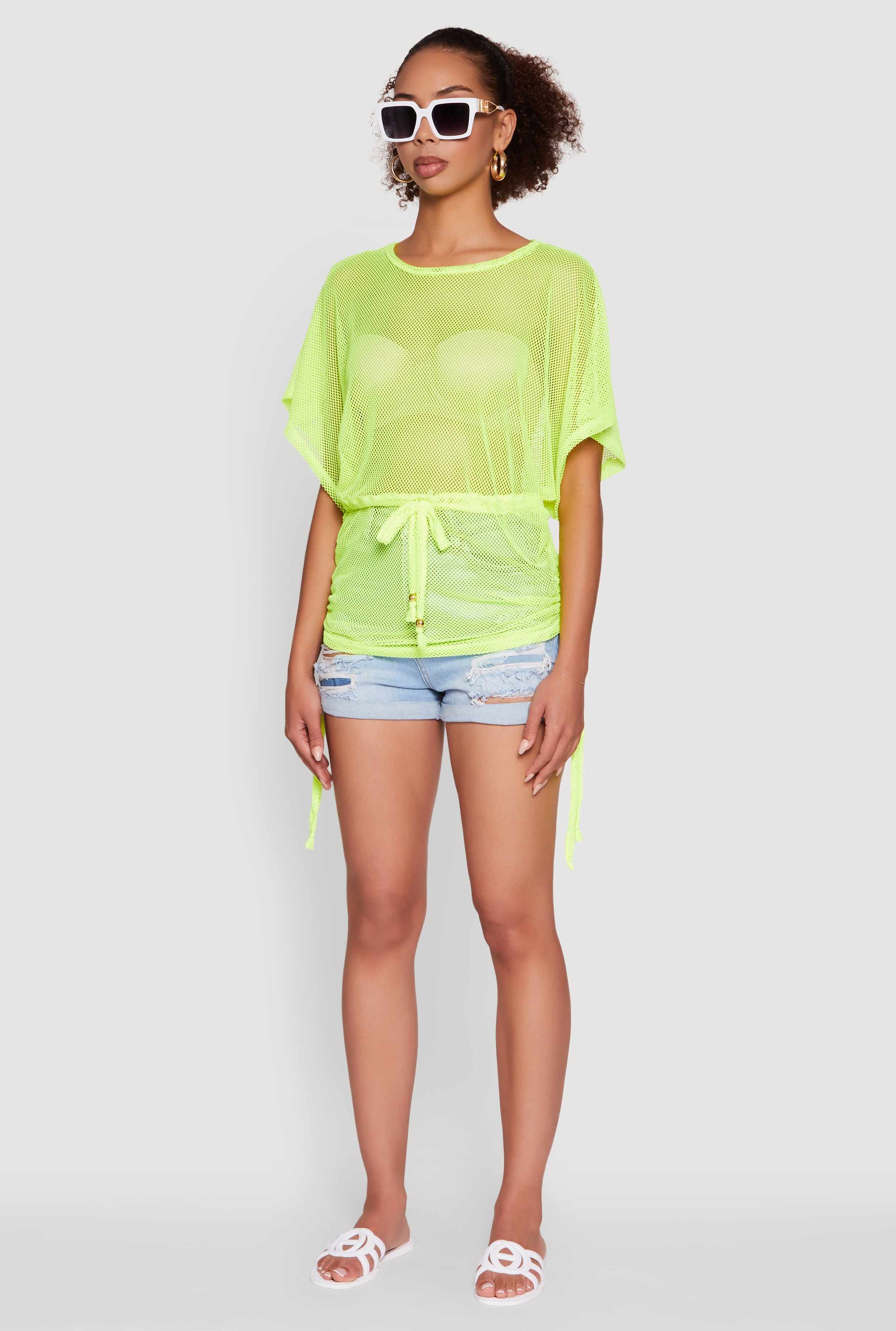 Trendy Fishnet Tunic Top with Drawstring Waist