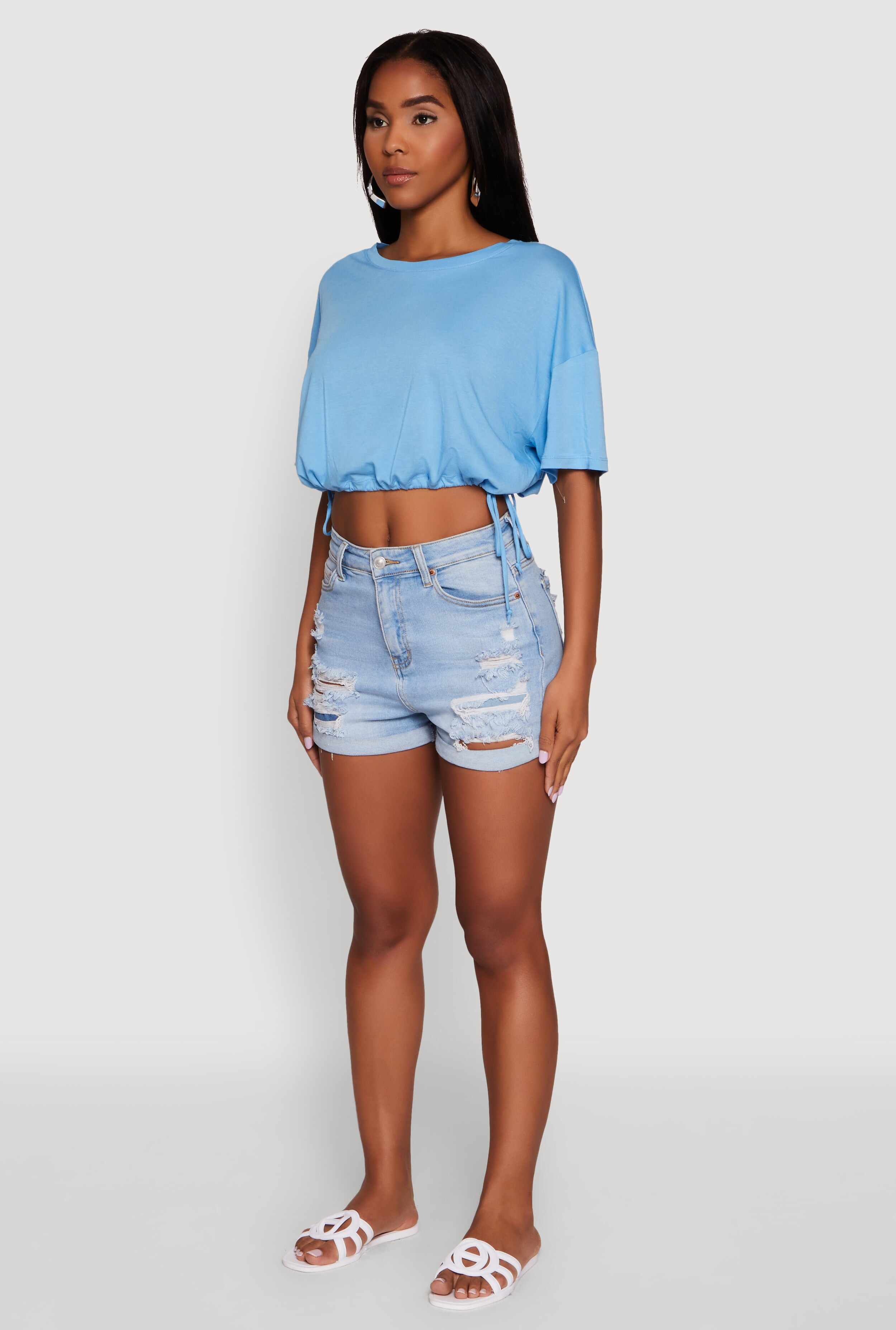 Cropped Drawstring Hem Short Sleeve Crew Neck Top