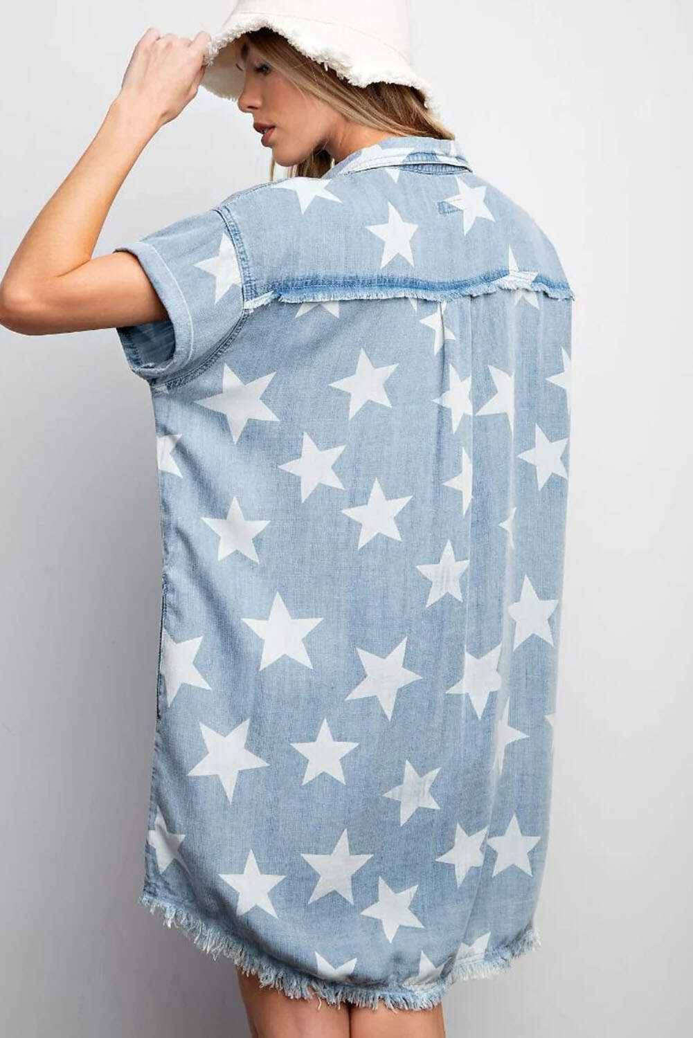 Sky Blue Stars Frayed Hem Collared Short Sleeve Denim Dress