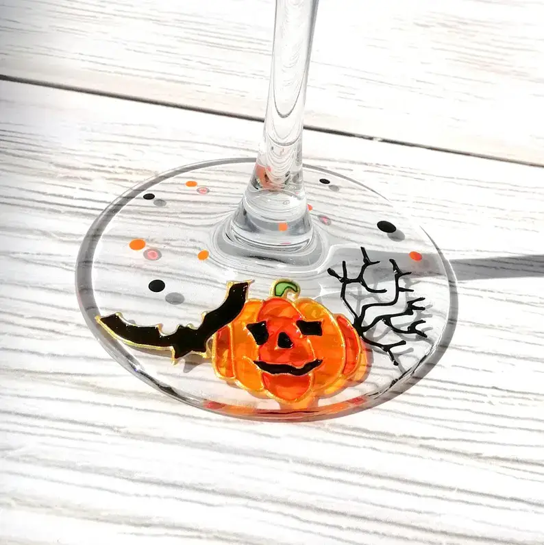 🎃 Hand-Painted Halloween Pumpkin & Ghost Crystal Wine Glass