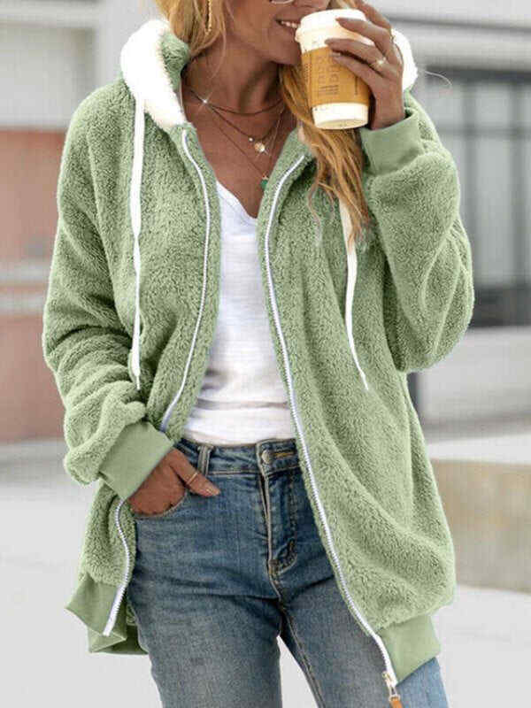 Zipper Up Drawstring Hooded Loose Plush Jacket(⚡Clearance Sale)