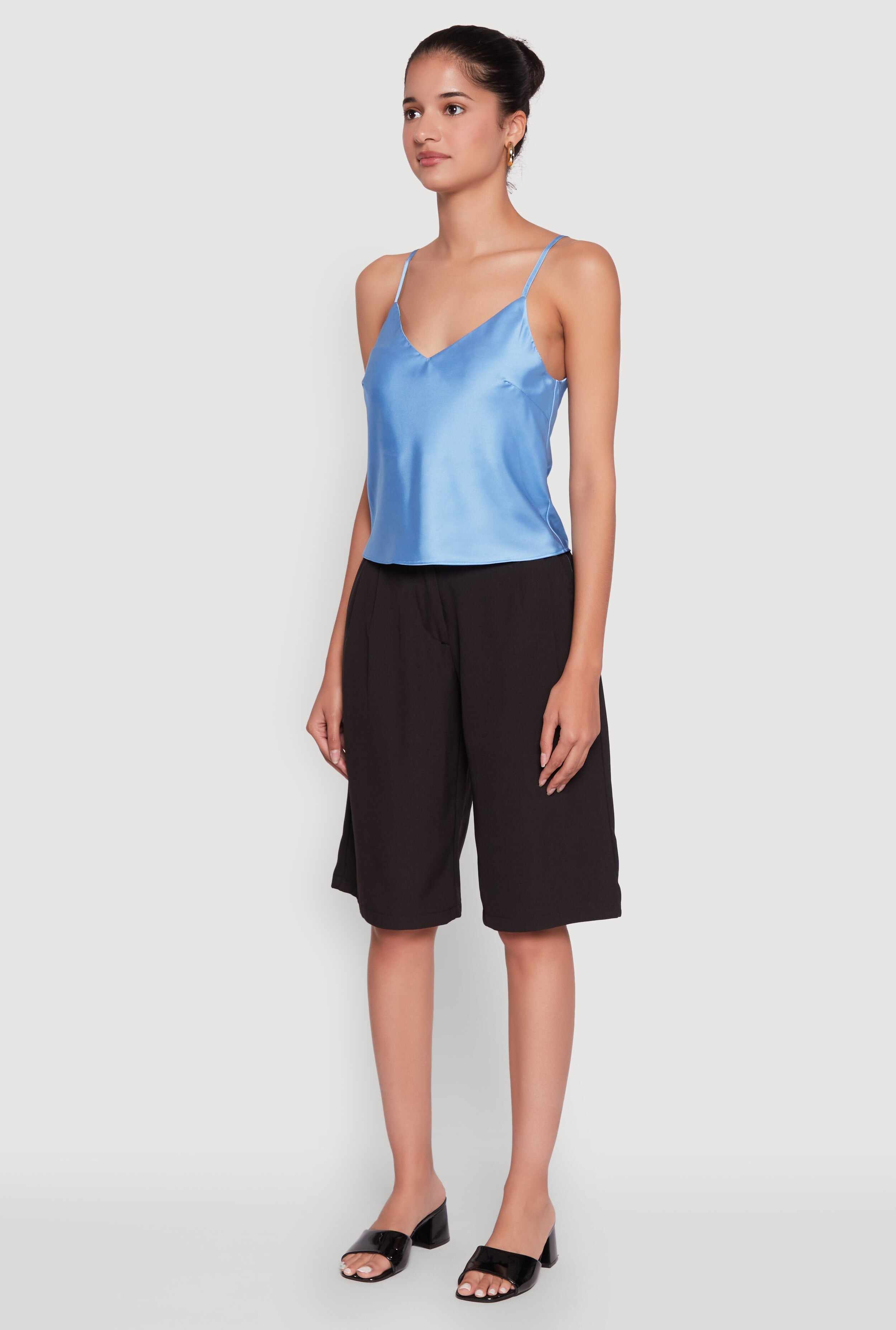 Satin V-Neck Cropped Cami with Adjustable Straps