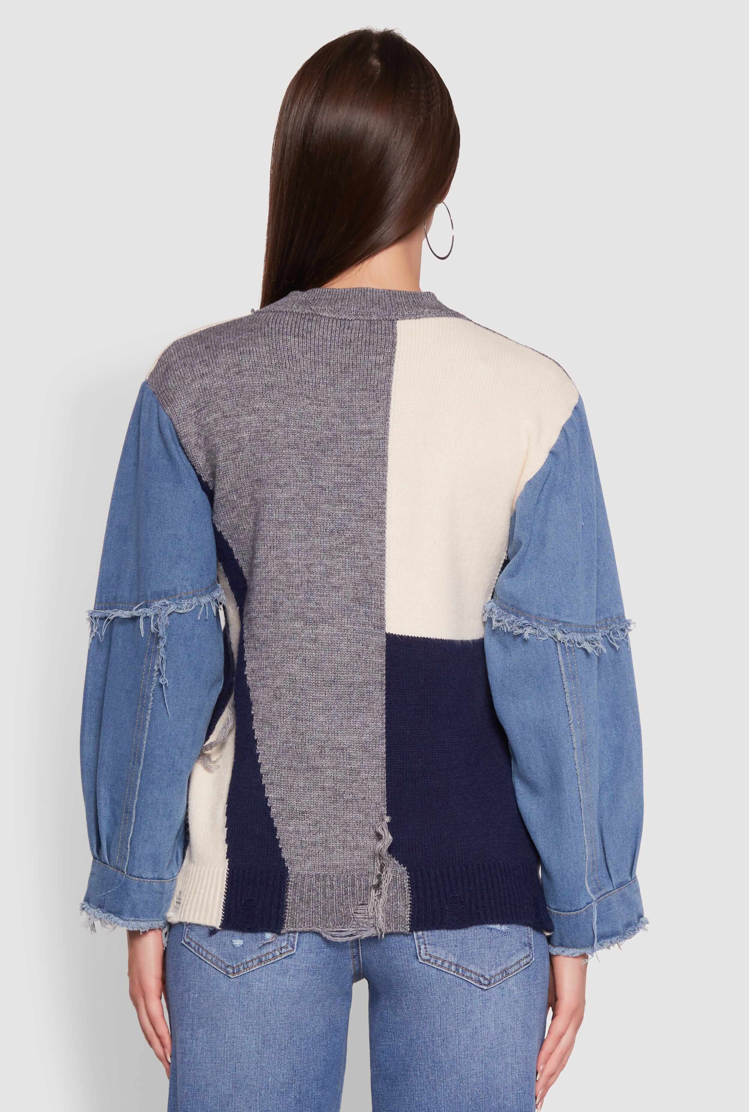Daisy Color Blocked Denim Sleeve Sweater