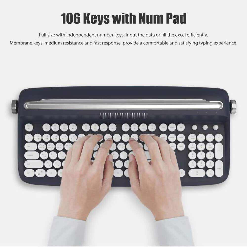 Typewriter Keyboard Wireless Bluetooth 5.0 Retro Aesthetic Cute Kawaii Round Keycaps 106-Key with Num Pad Clicky Mechanical Feeling with Pad/Phone Holder for Windows/Mac OS/Android/iOS (Mint)