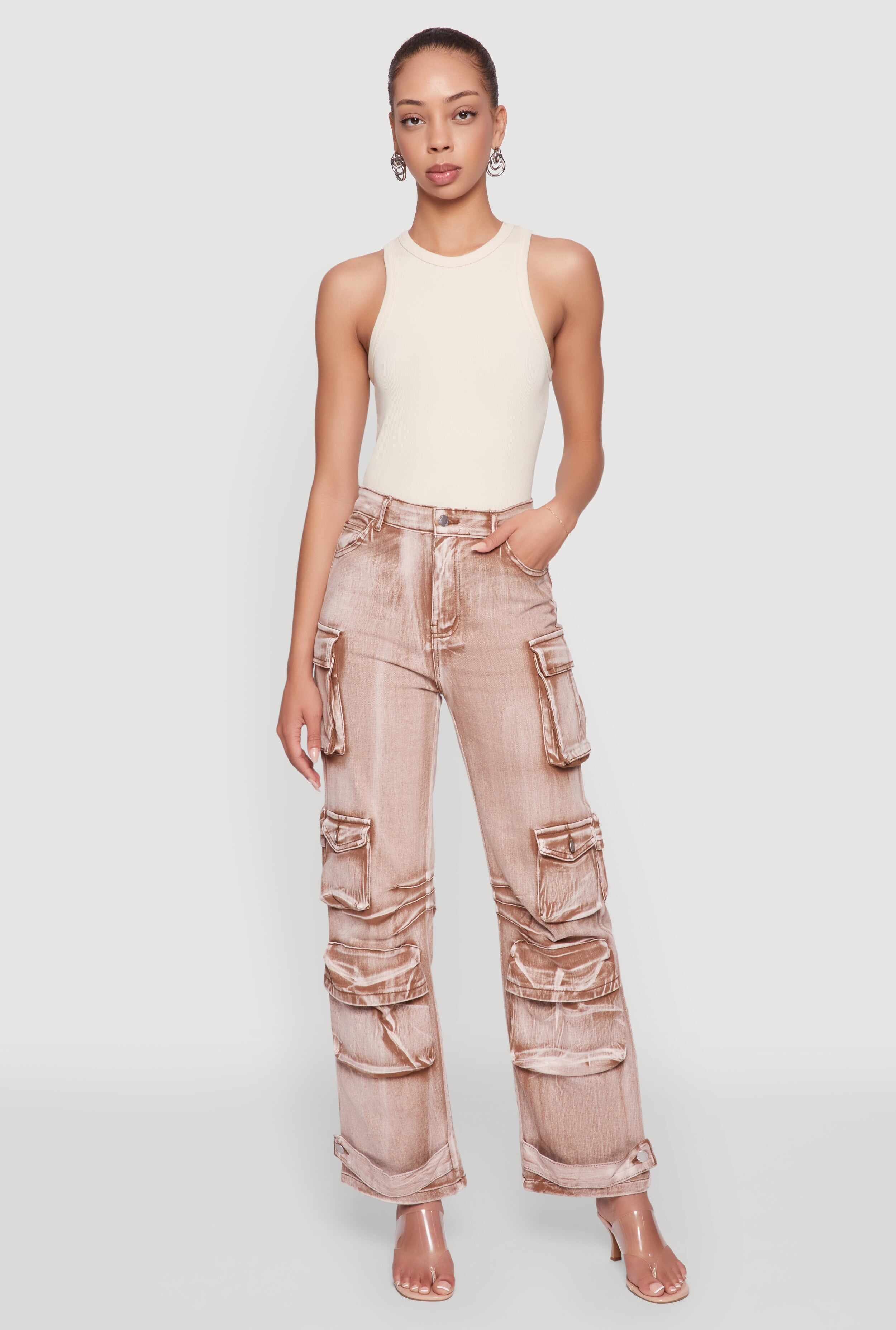 Daisy Acid Wash High Waisted Wide Leg Cargo Pants