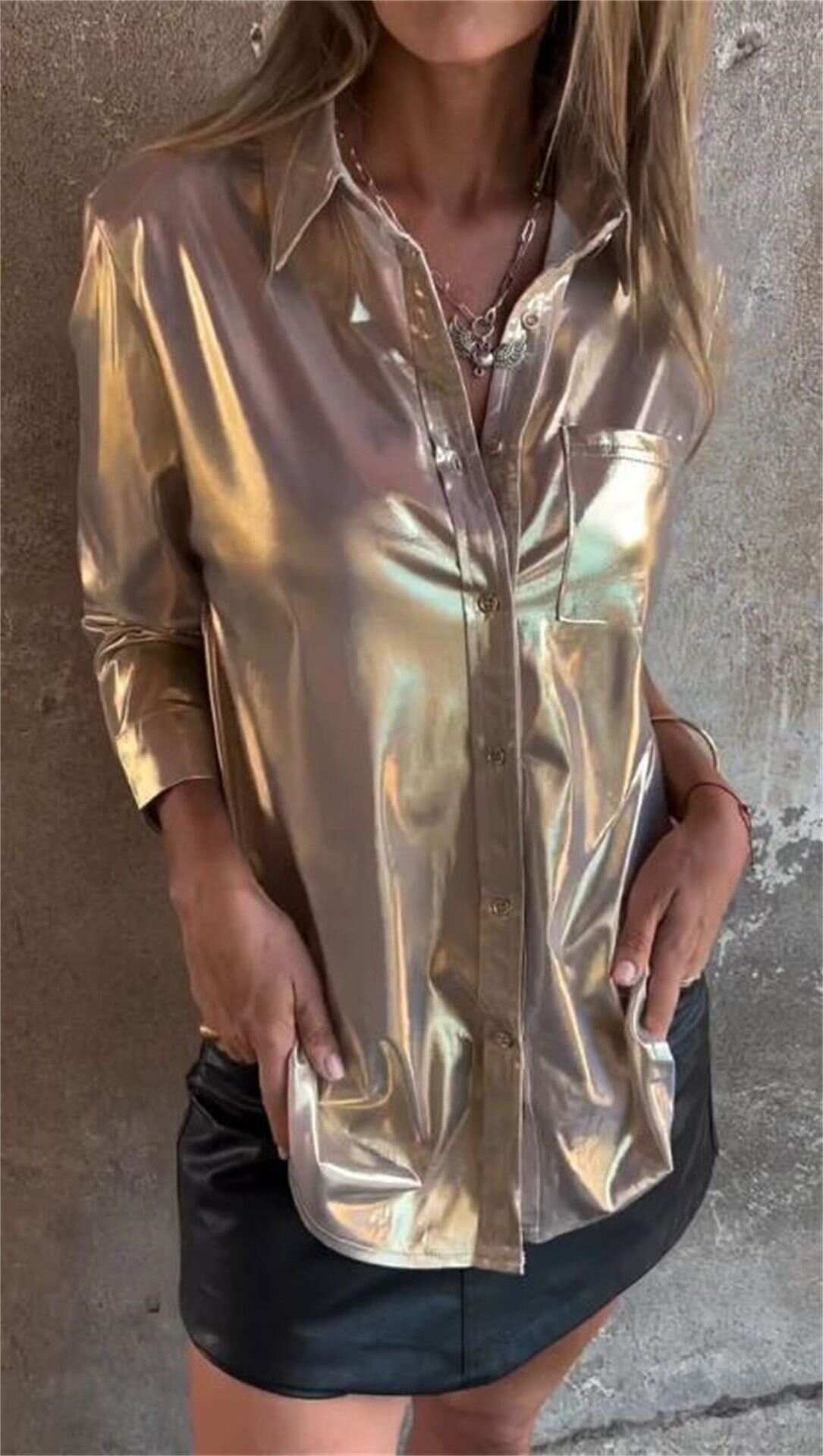 Lapel Long Sleeve Lustrous Shirt