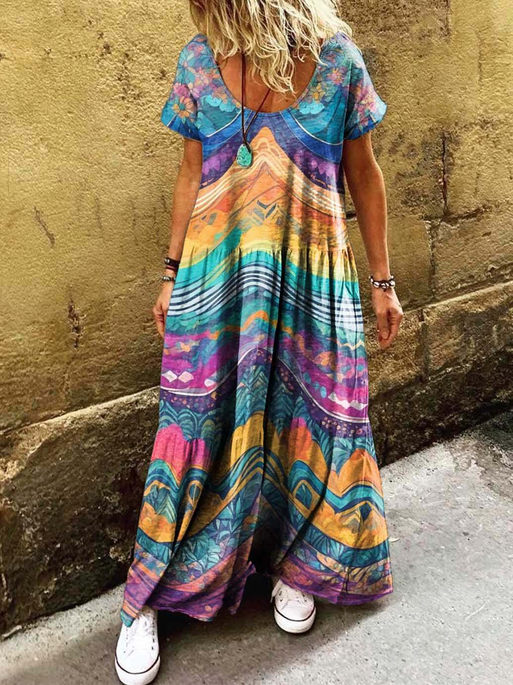 Women's Colorful Irregular Ripple Pattern Art Print Pocket Short Sleeve Cotton Dresses
