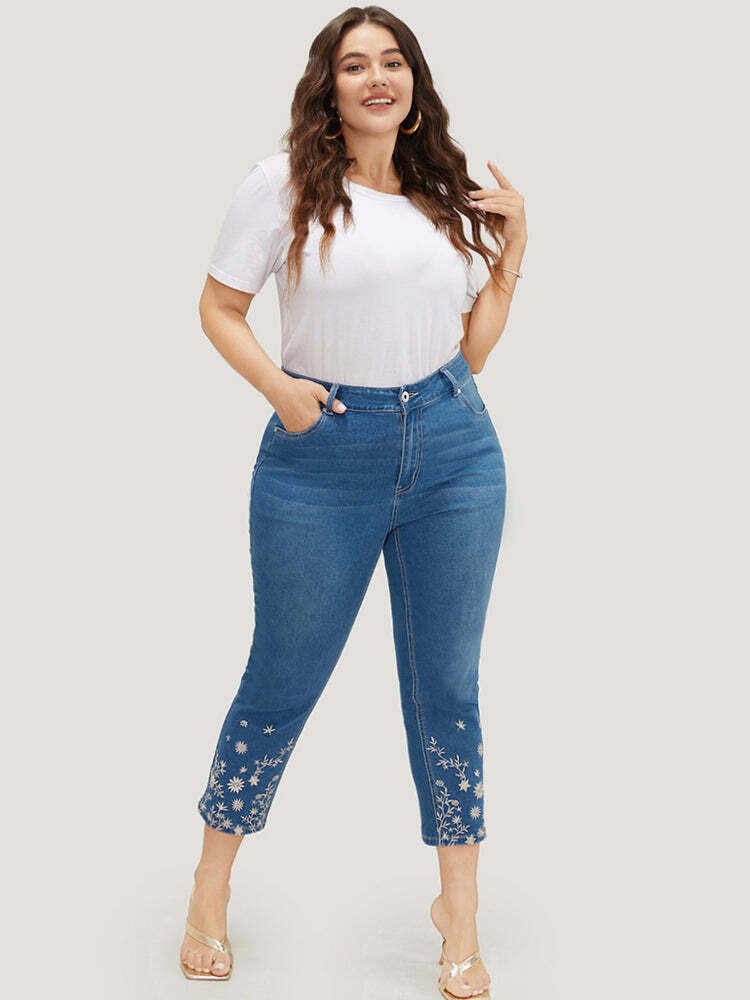 Very Stretchy High Rise Medium Wash Embroidered Hem Jeans
