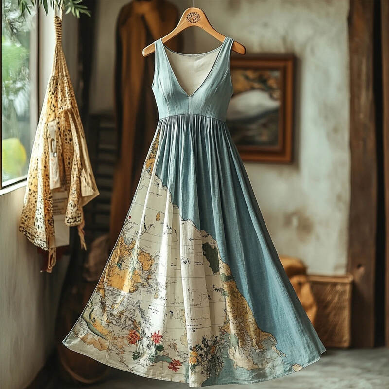 Vintage Old Map Inspired Linen Maxi Dress