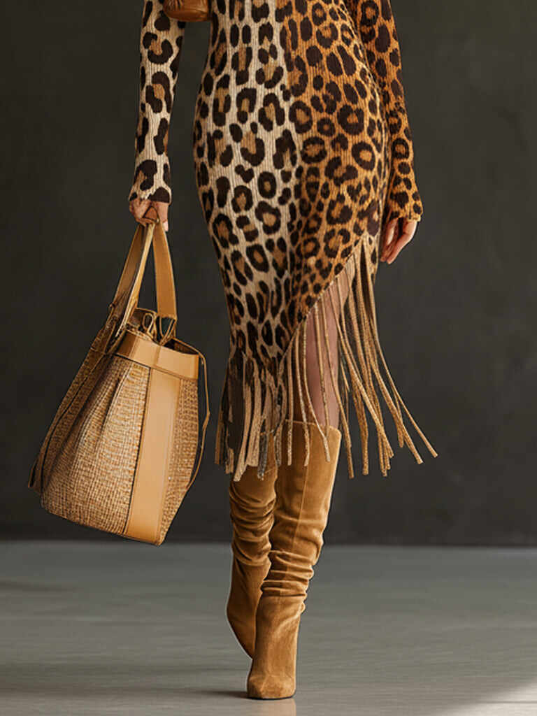 Brown Leopard Print Ribbed Knit Fringe Long Sleeve Bodycon Dress