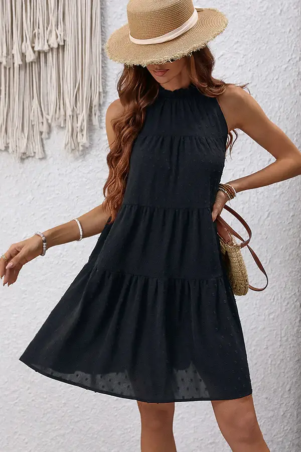 Fashion Solid Black Frill Ruffle Dress