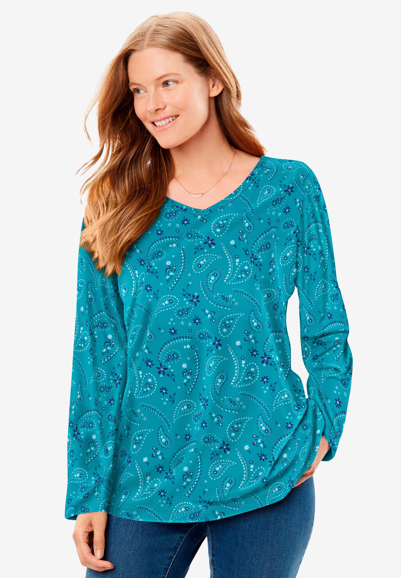 Perfect Printed Long-Sleeve V-Neck Tee