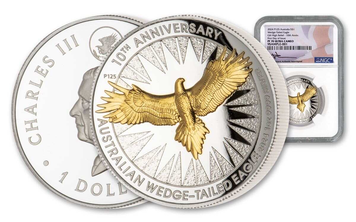 2024 $1 Australian Wedge Tailed Eagle 10th Anniversary 1oz Silver Proof High Relief GILDED Coin ( Perth Mint)