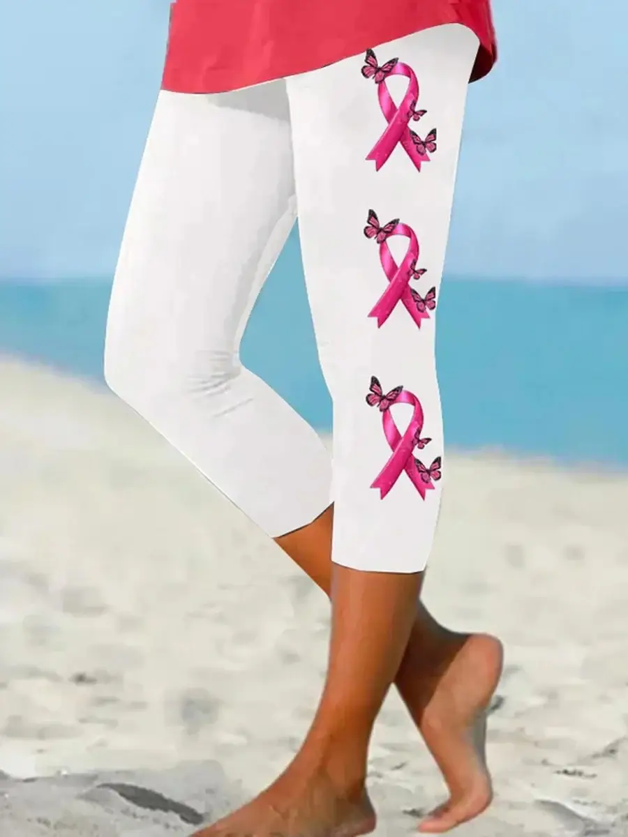 Women's Pink October Breast Art Print Casual Stretch Pants