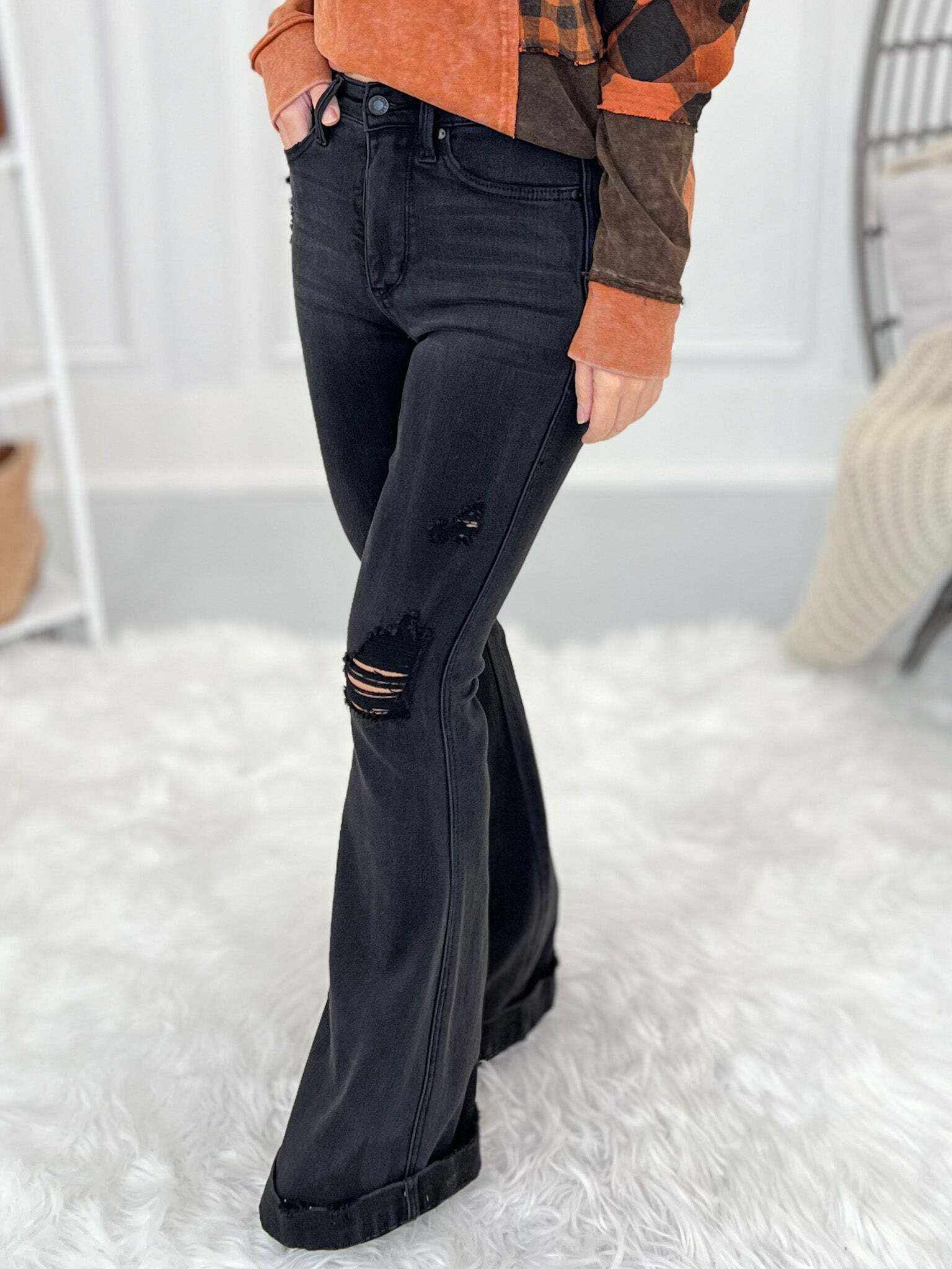 Christmas Tummy Control Destroyed Black Flare Jeans- Final Sale