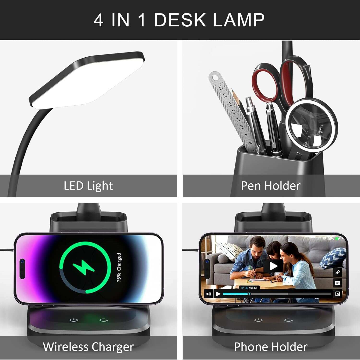 Desk Lamp with Wireless Charger, LED Desk Lamps for Home Office, 800 Lumens, Small Desk Lamp with Pen Holder, Flexible Arm, 3 Modes, Dimming, Touch Lamp for College Dorm Room