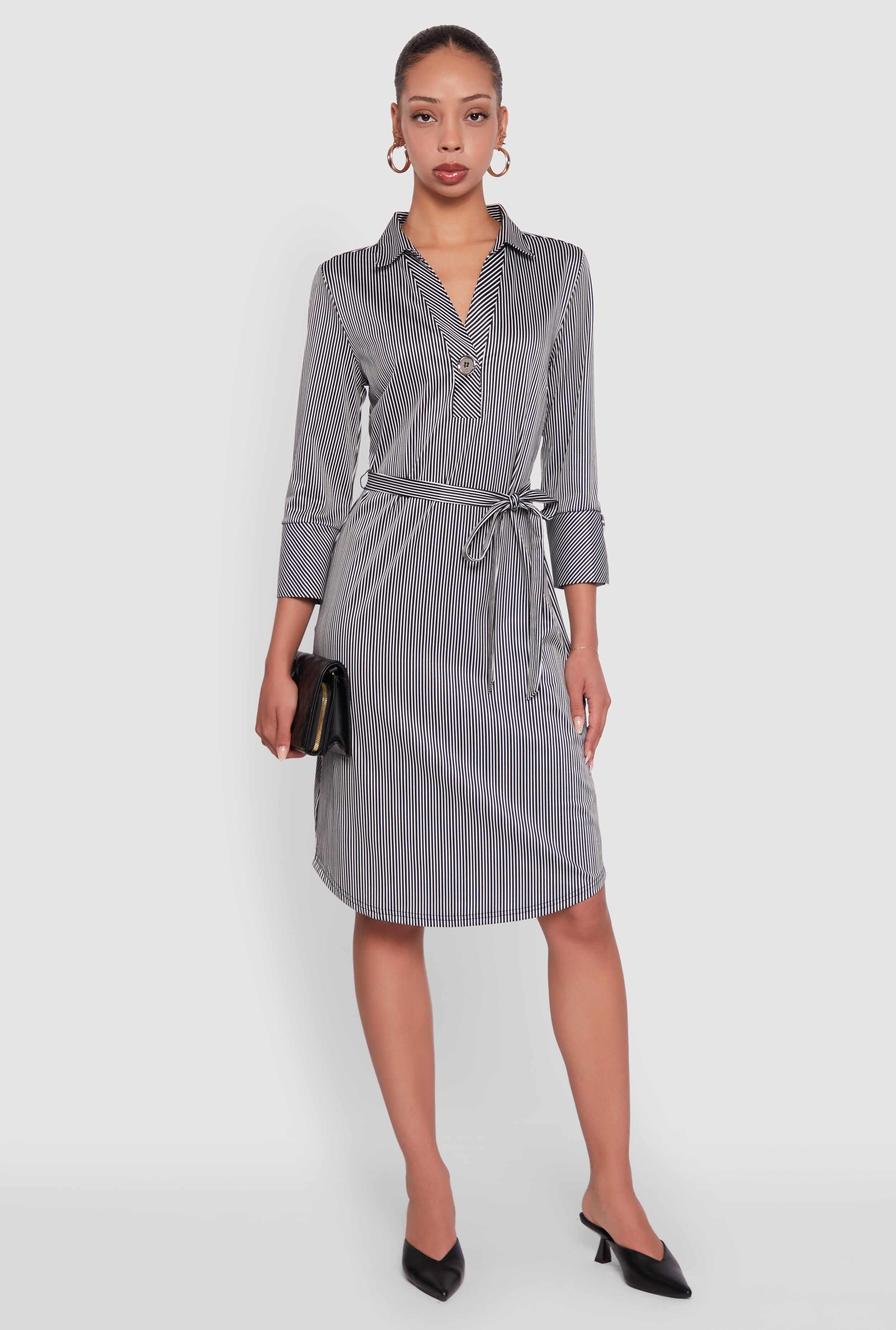 Classic Fit Striped Midi Dress with Tie Waist Belt