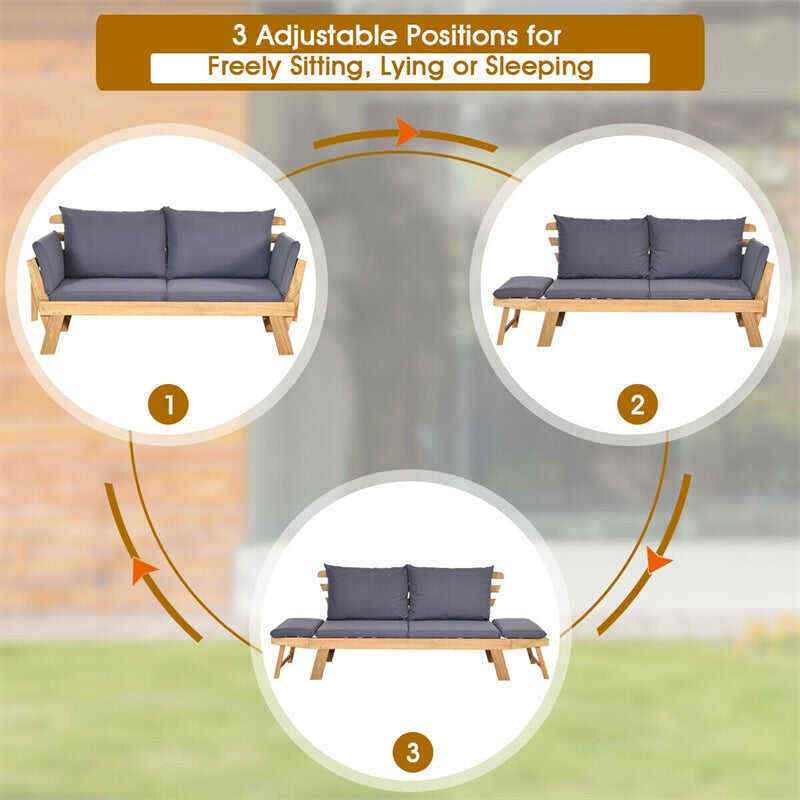 Outdoor Daybed Acacia Wood Convertible Couch Sofa Bed with Adjustable Armrest & Cushion
