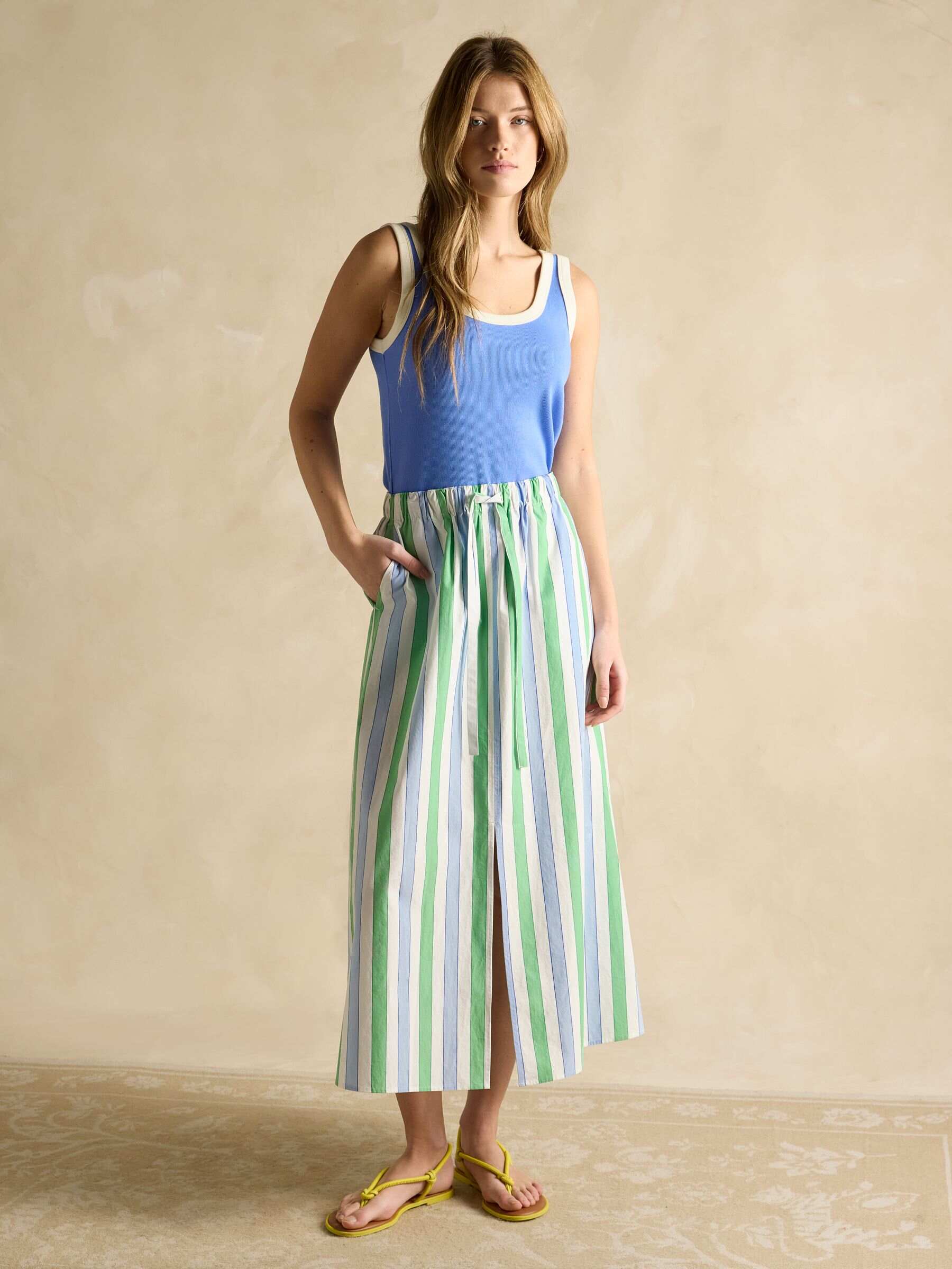 Blue/Green Stripe Cotton Poplin Midi Skirt