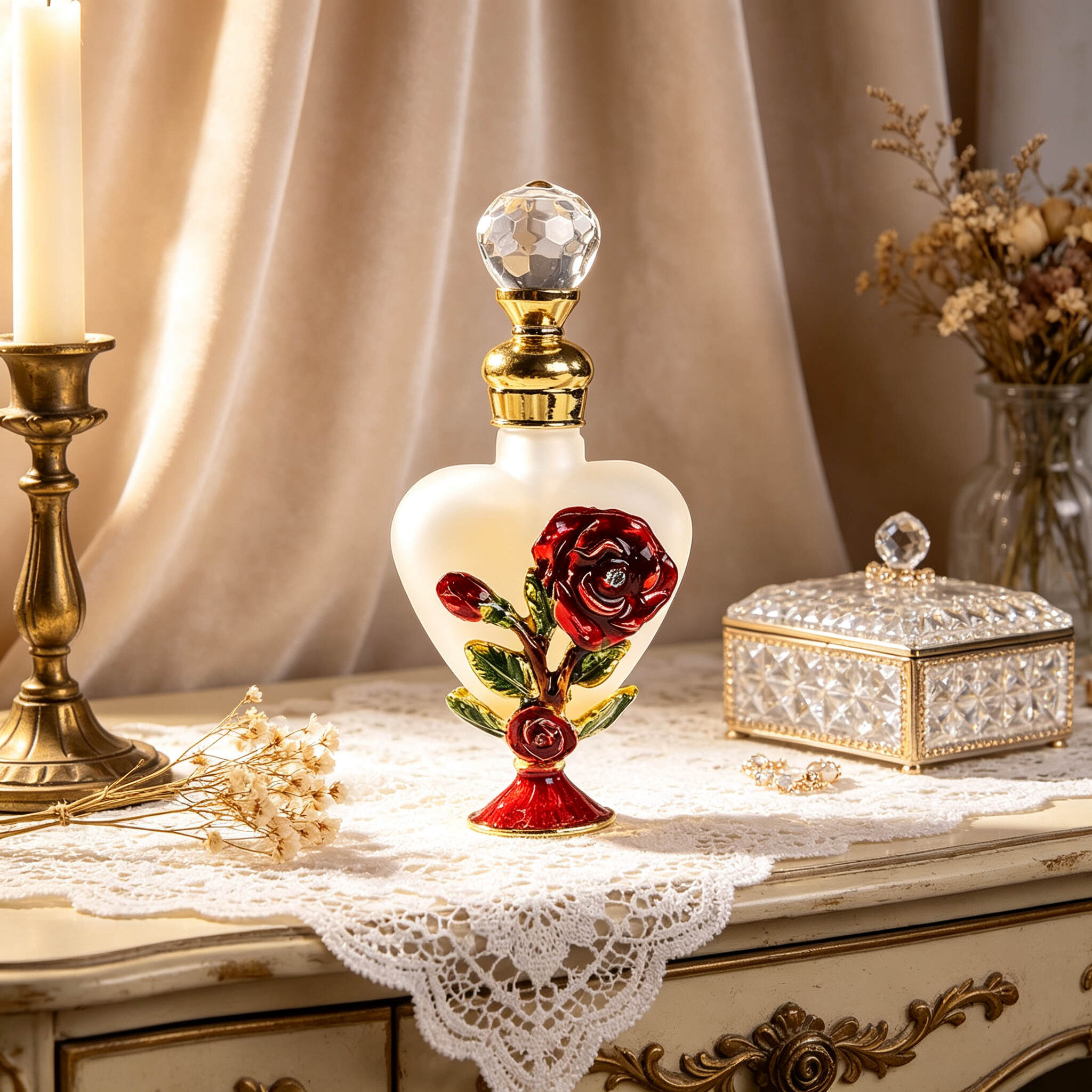 Three-dimensional rose flower enamel-colored large heart-shaped 10ml perfume bottle with classic and elegant exquisite relief design