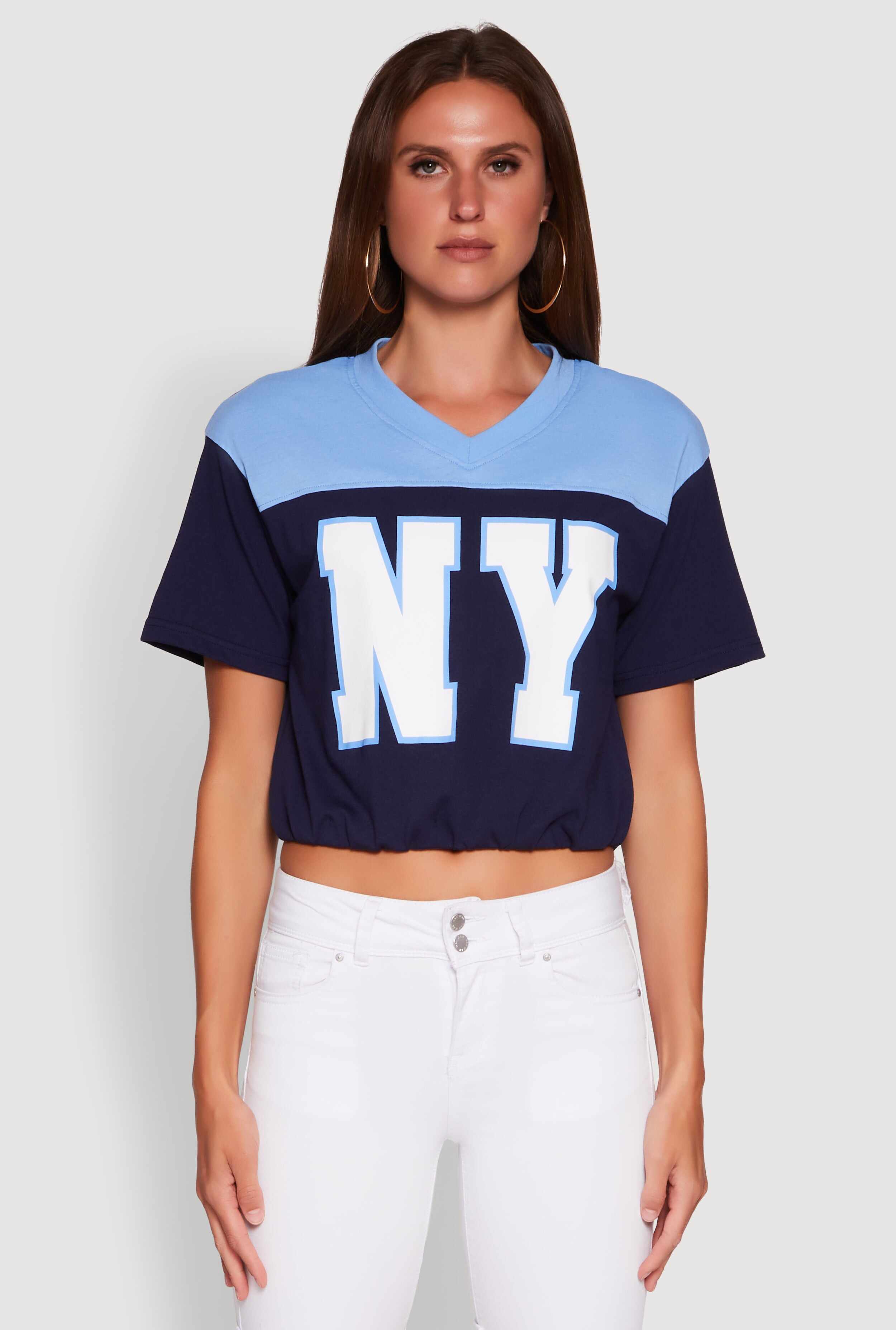 Madden Girl Color Block Cropped V-Neck Graphic Tee