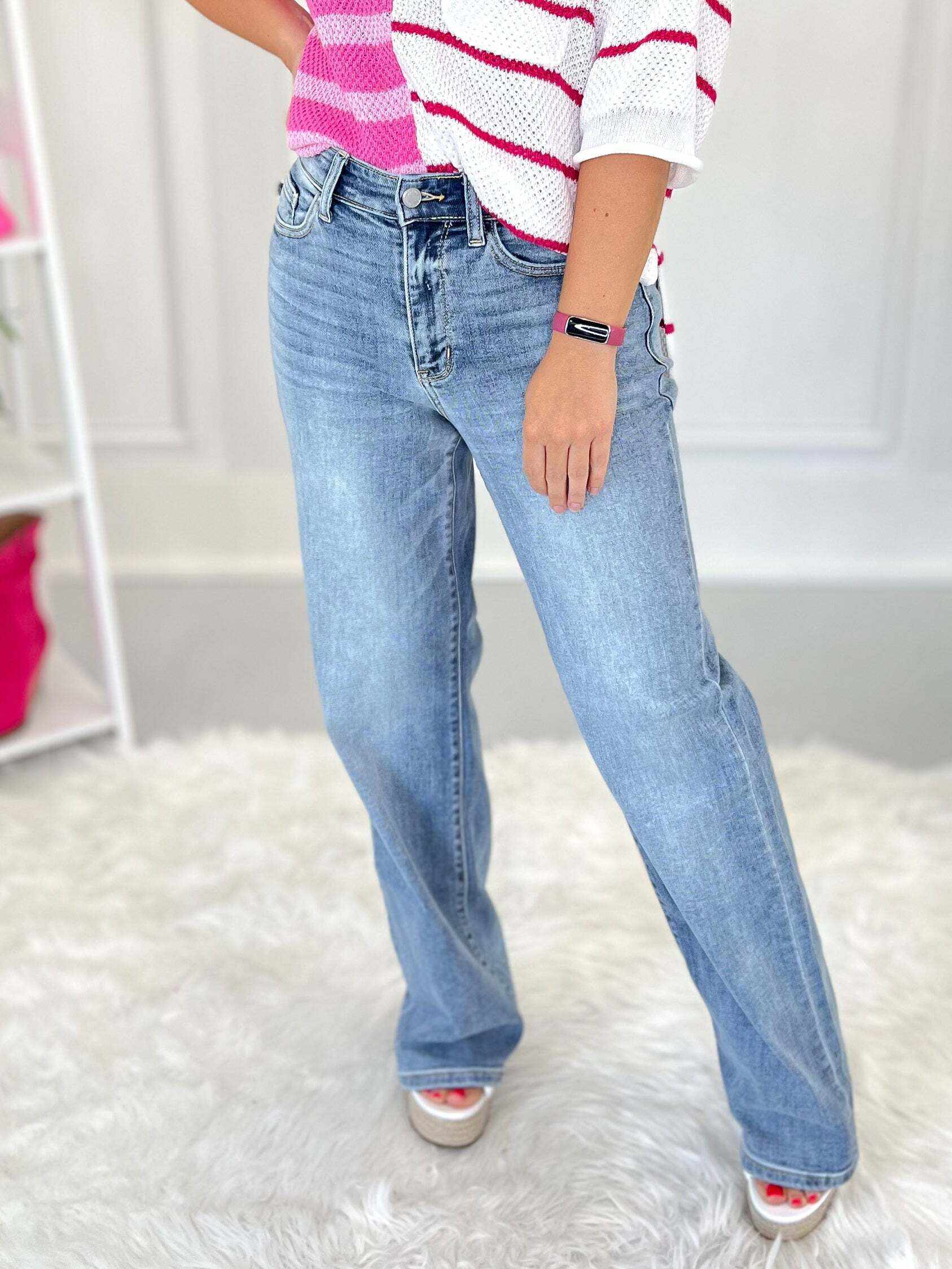 The Run Around - Christmas Light Wash Straight Leg Jeans- Final Sale