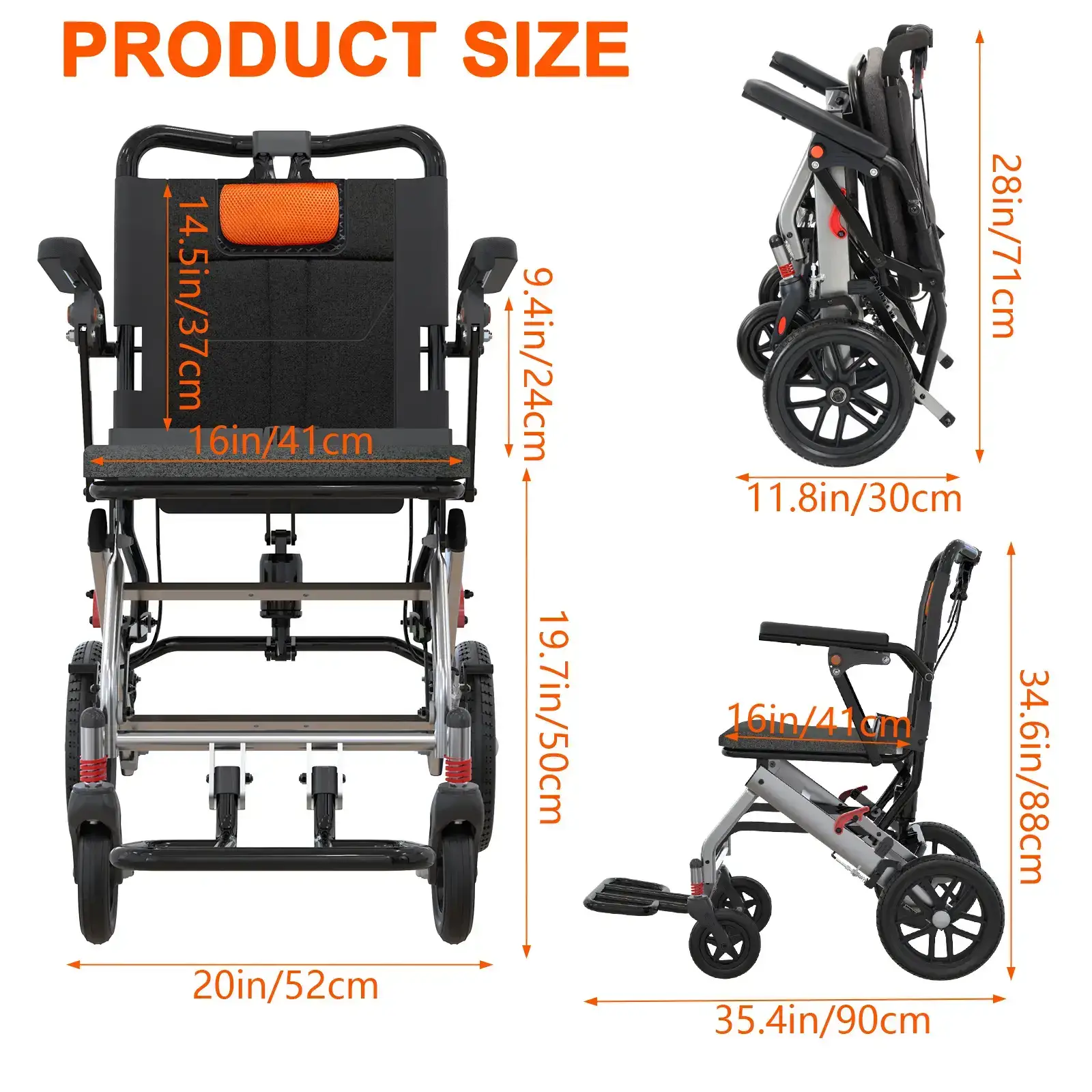 Ultra-Lightweight Folding Transport Wheelchair - Aviation Aluminum Frame - Dual Locking Hand Brakes - Removable Turn-Up Armrests - Swing-Away Footrests - Comfortable Large Seat - 16-Inch Wheels - Durable Portable Mobility Aid for Elderly and