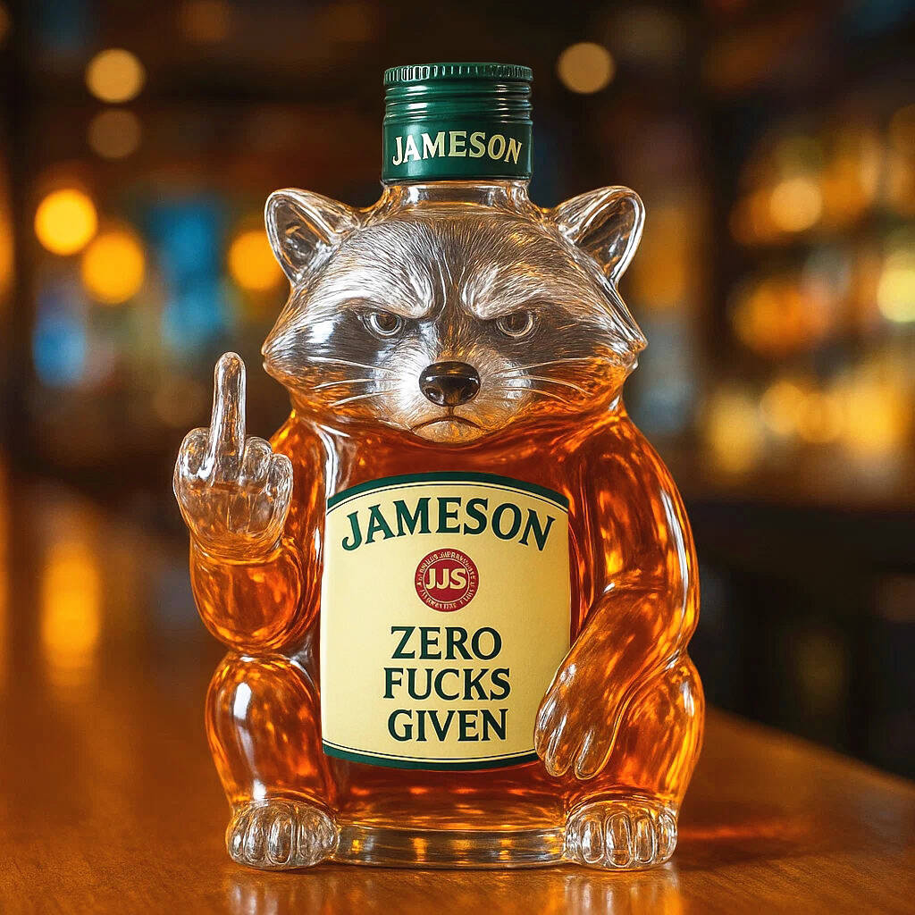 Swear raccoon whiskey bottle