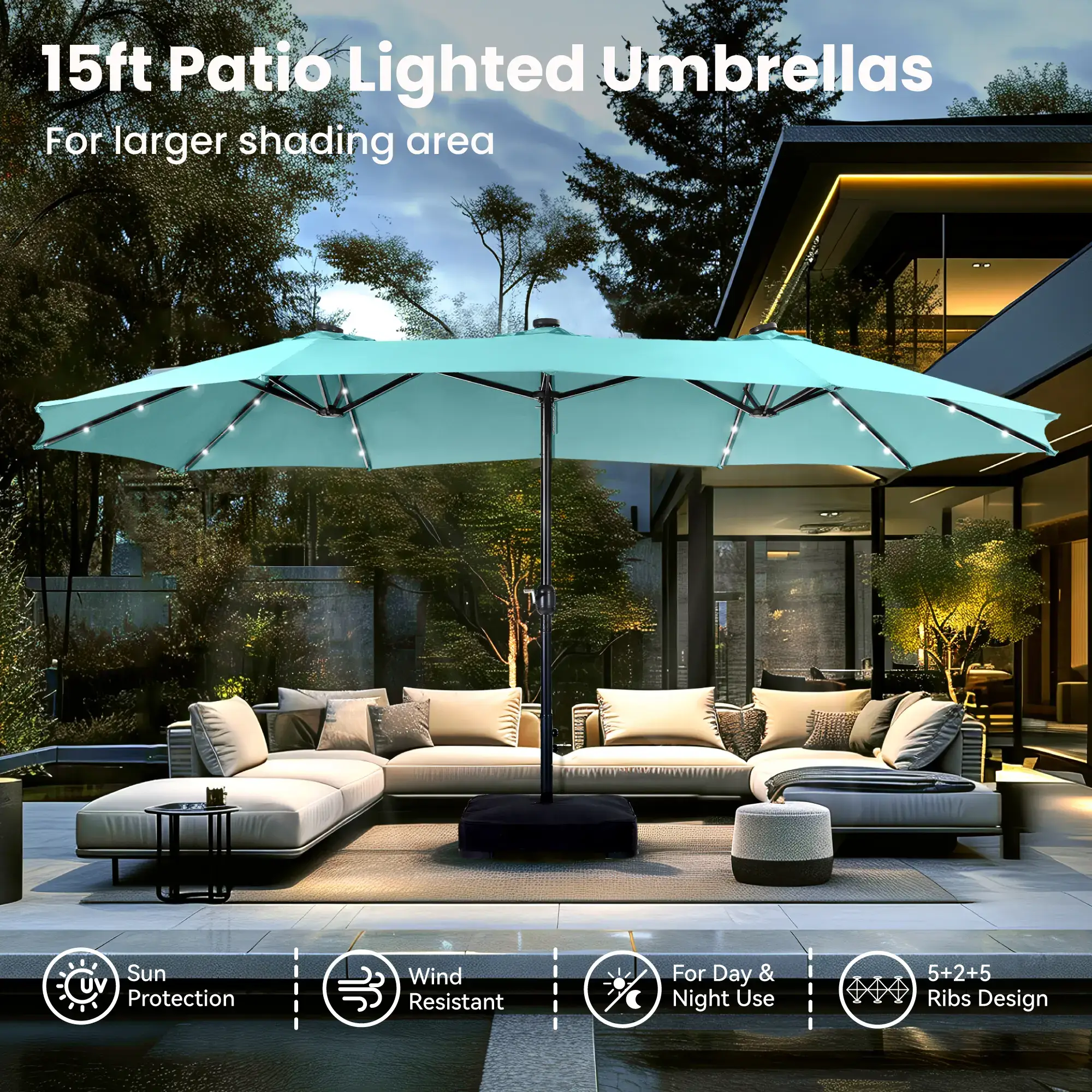 15ft Large Outdoor Patio Umbrella with Base – LED Light Option, Double-Sided, Crank Handle, Waterproof，Comes with Weighted Base and Sandbag, Accommodates 10 People, Great for Poolside, Garden, Lawn, Backyard, Deck and Beach