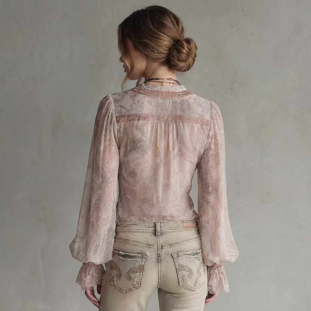 Retro Vintage Sienna Sheer Paisley Lace Trim Blouse