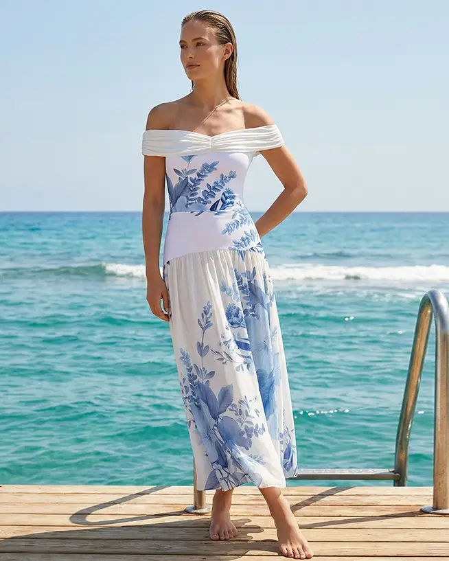 Off Shoulder Blossom Print Swimsuit Set
