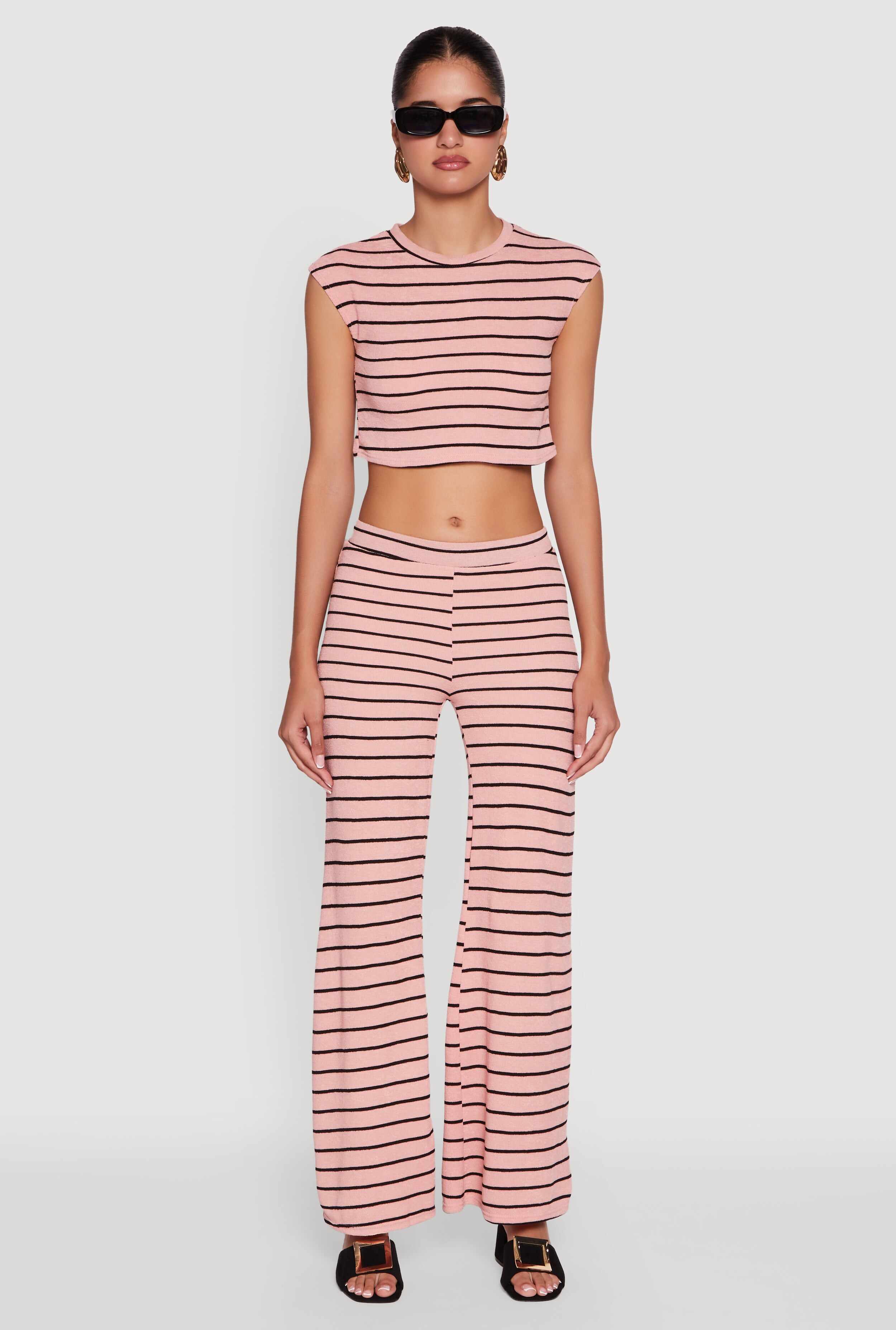 Trendy Striped Brushed Knit Flare Leg Pants