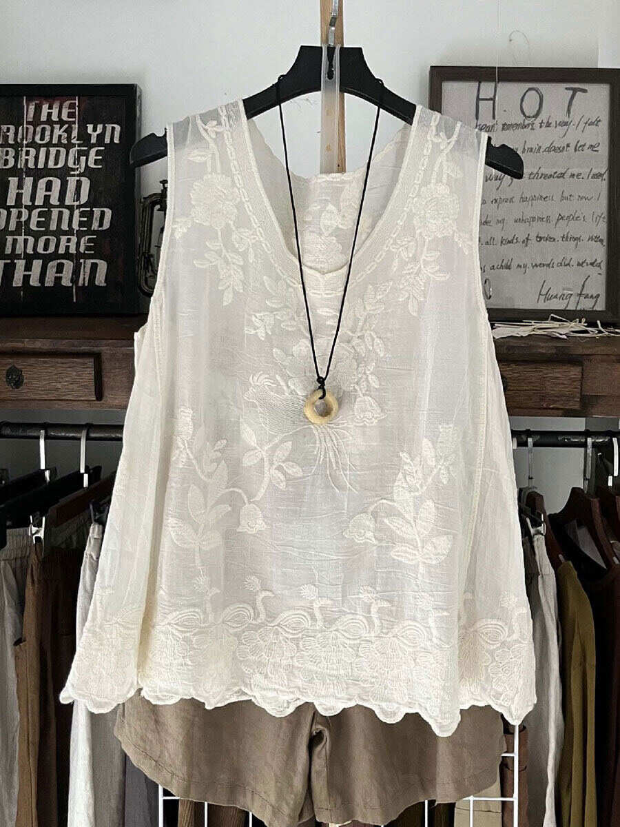 🔥Summer Arrivals🌟Women's Vintage Lace Sleeveless Cotton And Linen Vest Top