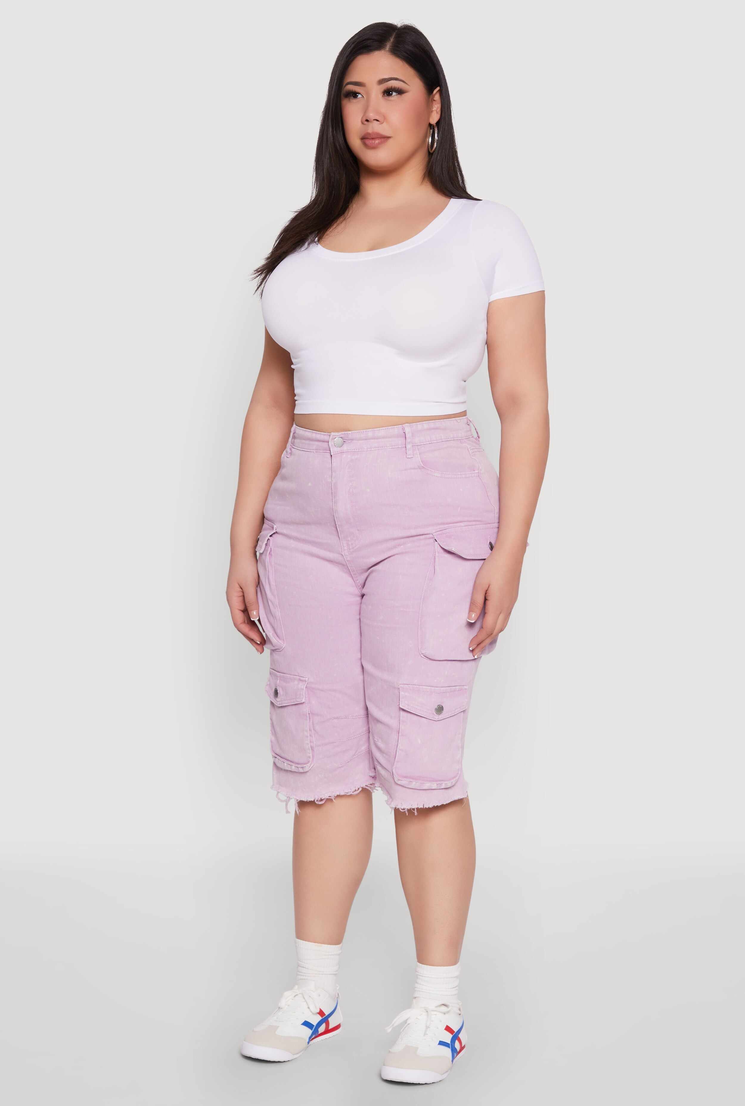 Plus Size Daisy Acid Wash Cargo Bermuda Shorts