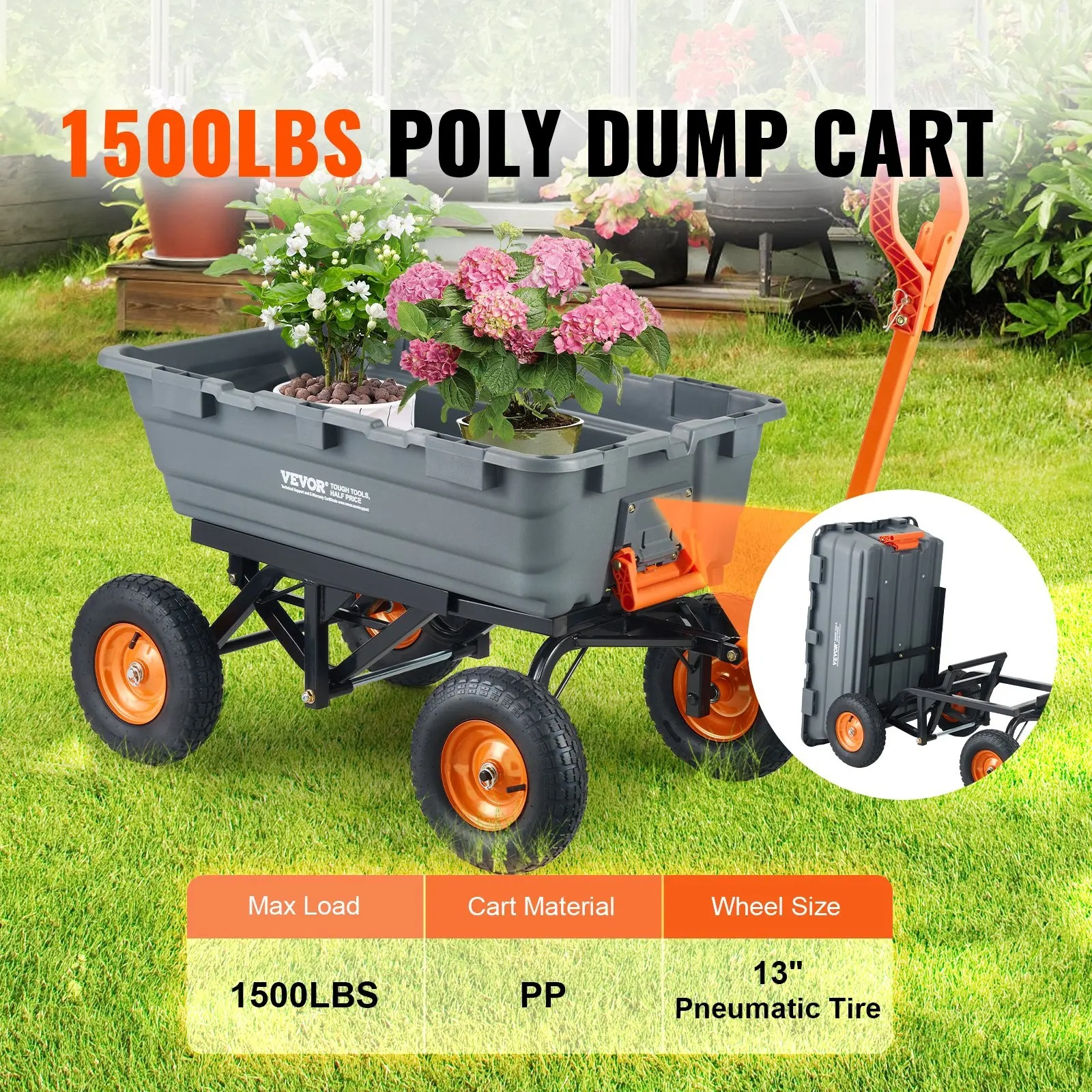 Poly Garden Dump Cart with Easy to Assemble Steel Frame, 2-in-1 Convertible Handle, 13 Inch Tires, Max Capacity 1500 lbs, Utility Wheelbarrow Productivity Yard