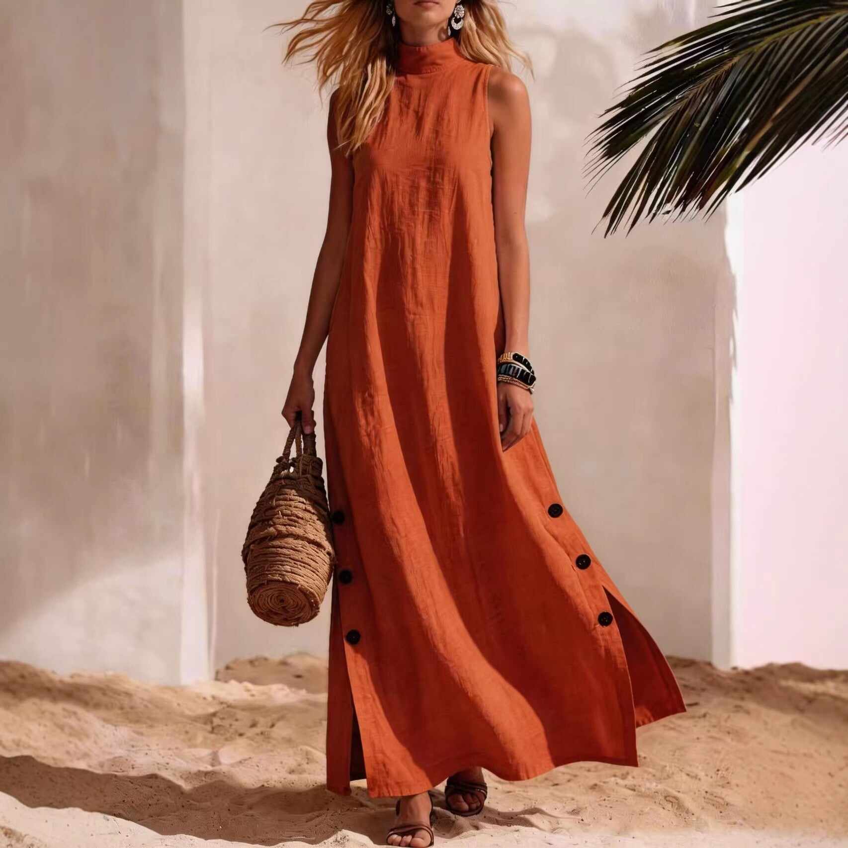 Casual Solid Color Cotton And Linen Sleeveless Side Slit Maxi Dress