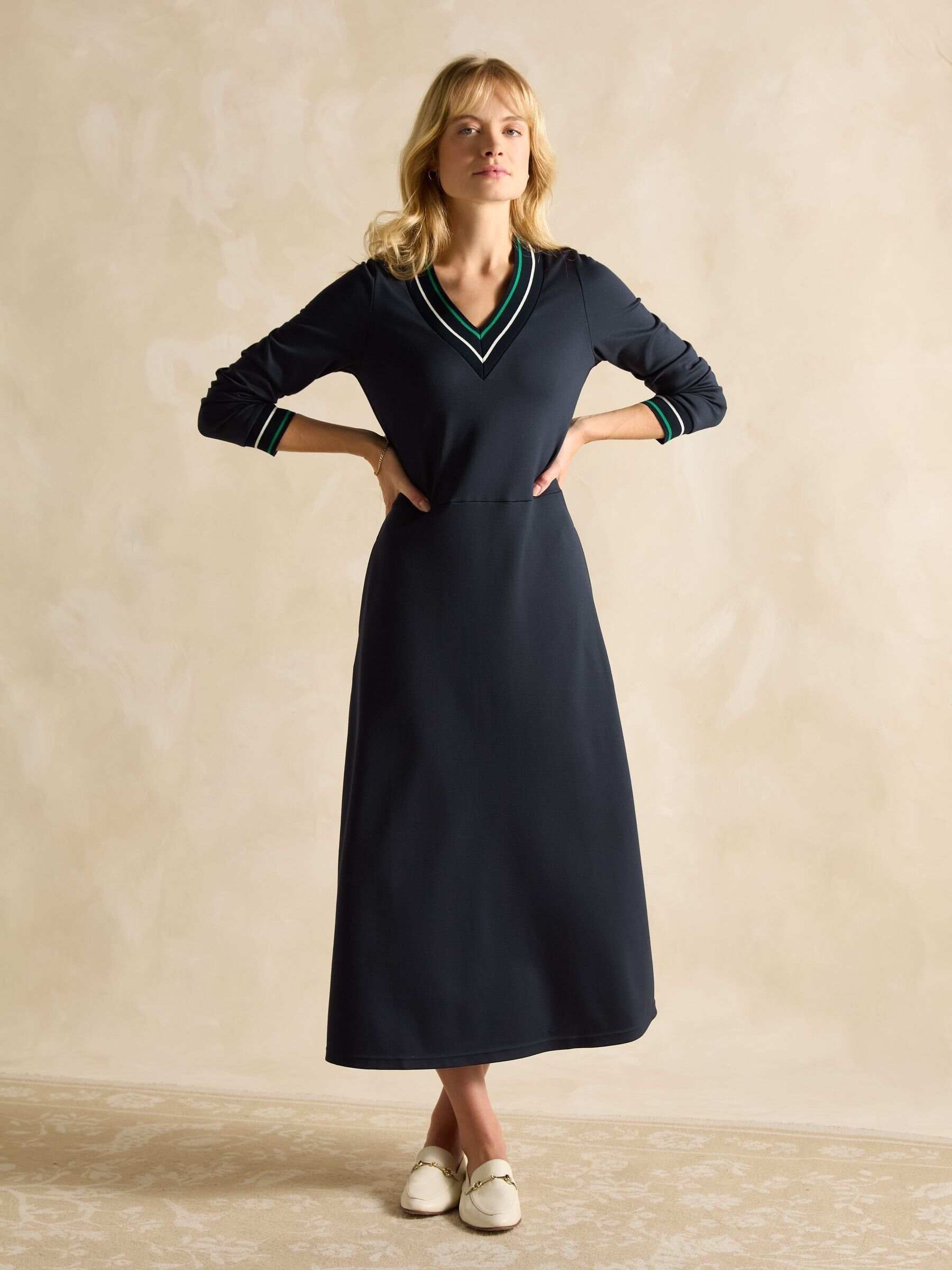Juliet V-Neck Navy Long Sleeve Ponte Maxi Dress