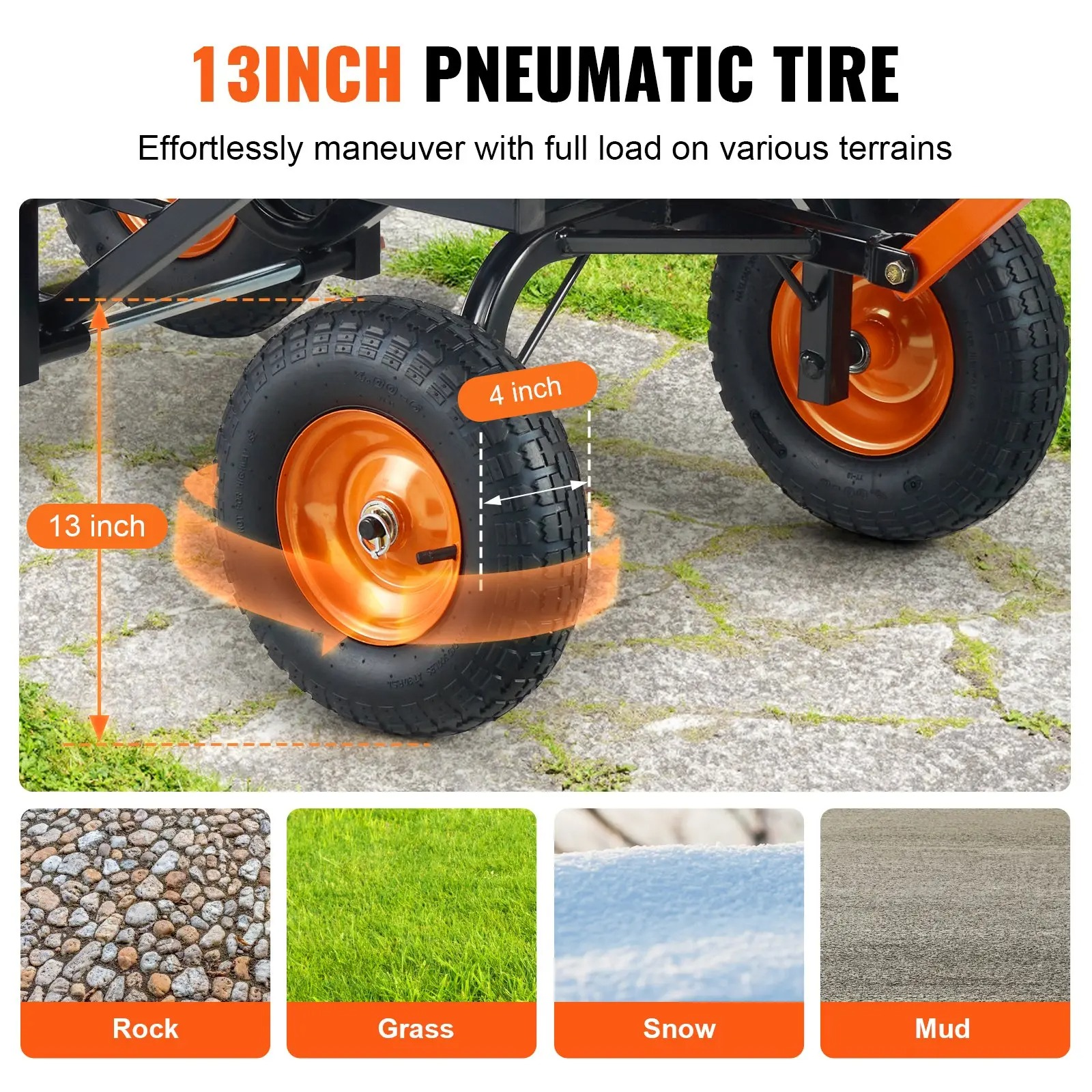Poly Garden Dump Cart with Easy to Assemble Steel Frame, 2-in-1 Convertible Handle, 13 Inch Tires, Max Capacity 1500 lbs, Utility Wheelbarrow Productivity Yard