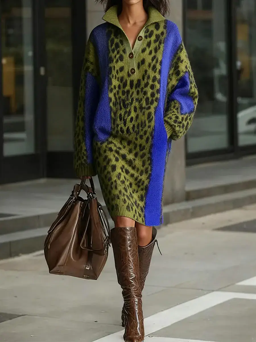 Women's Leopard Print Lapel Long Sleeve Casual Loose Knit Dress