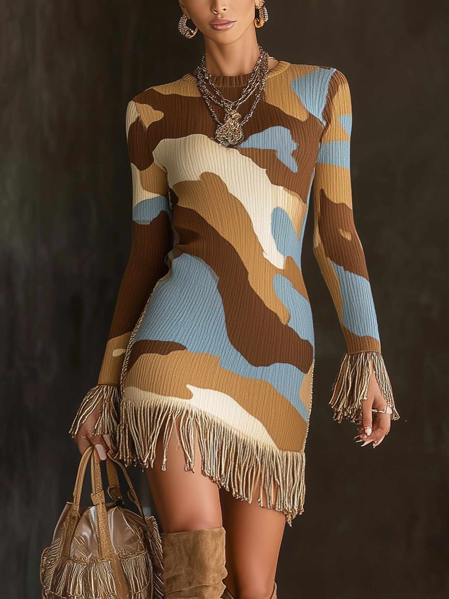 Colorful Camouflage Knit Fringe Long Sleeve Mini Dress