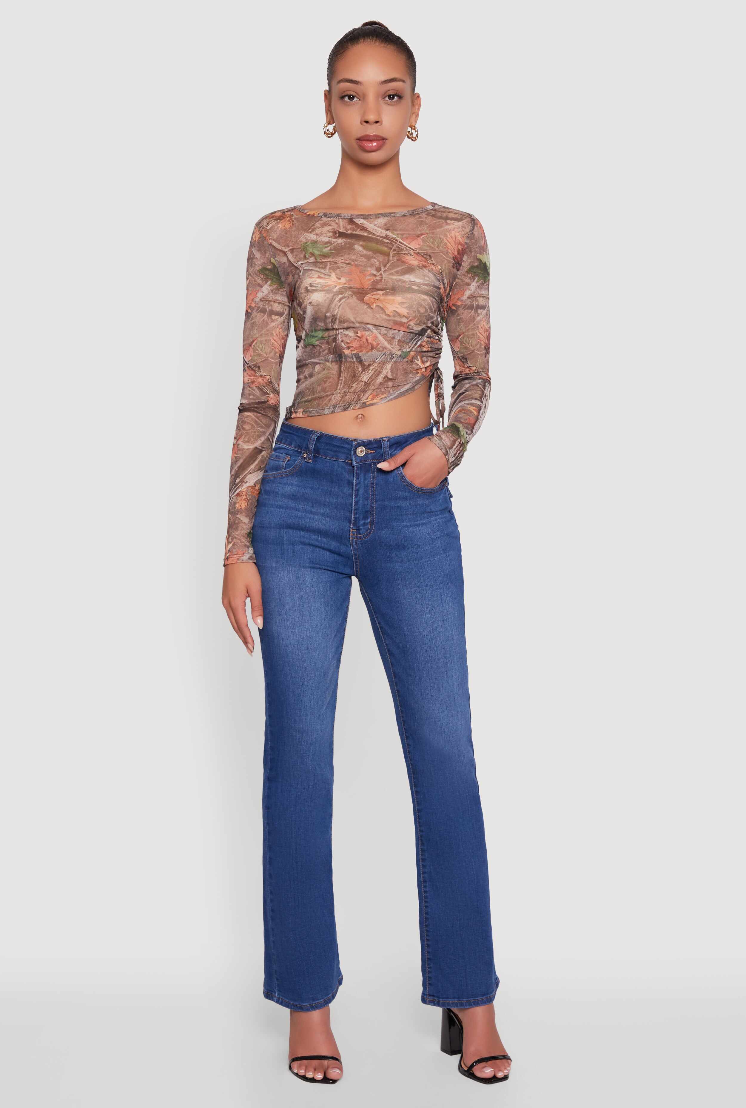 Mesh Forest Camo Ruched Side Long Sleeve Crop Top