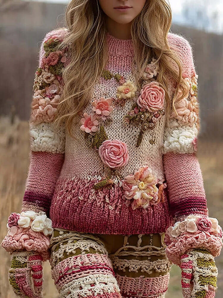 Women's Retro Gradient Rose Floral Art Cozy Crew Neck Sweater