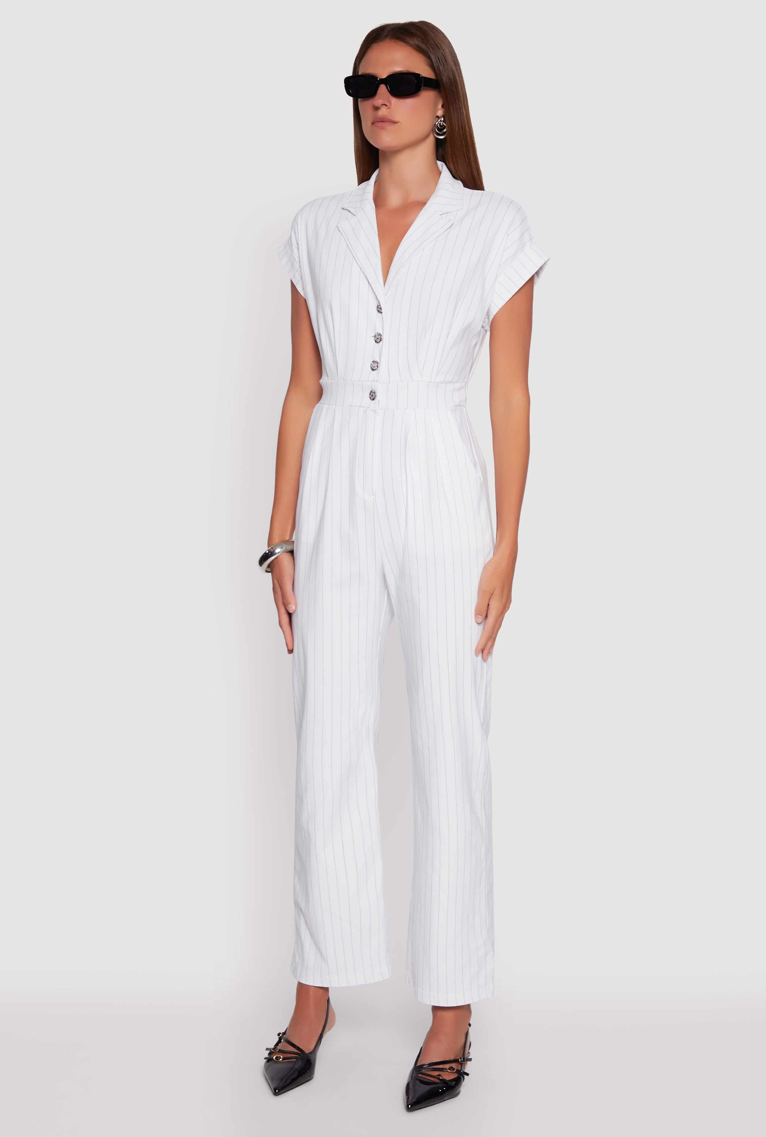 Trendy Pinstripe Button Front Pleated Jumpsuit