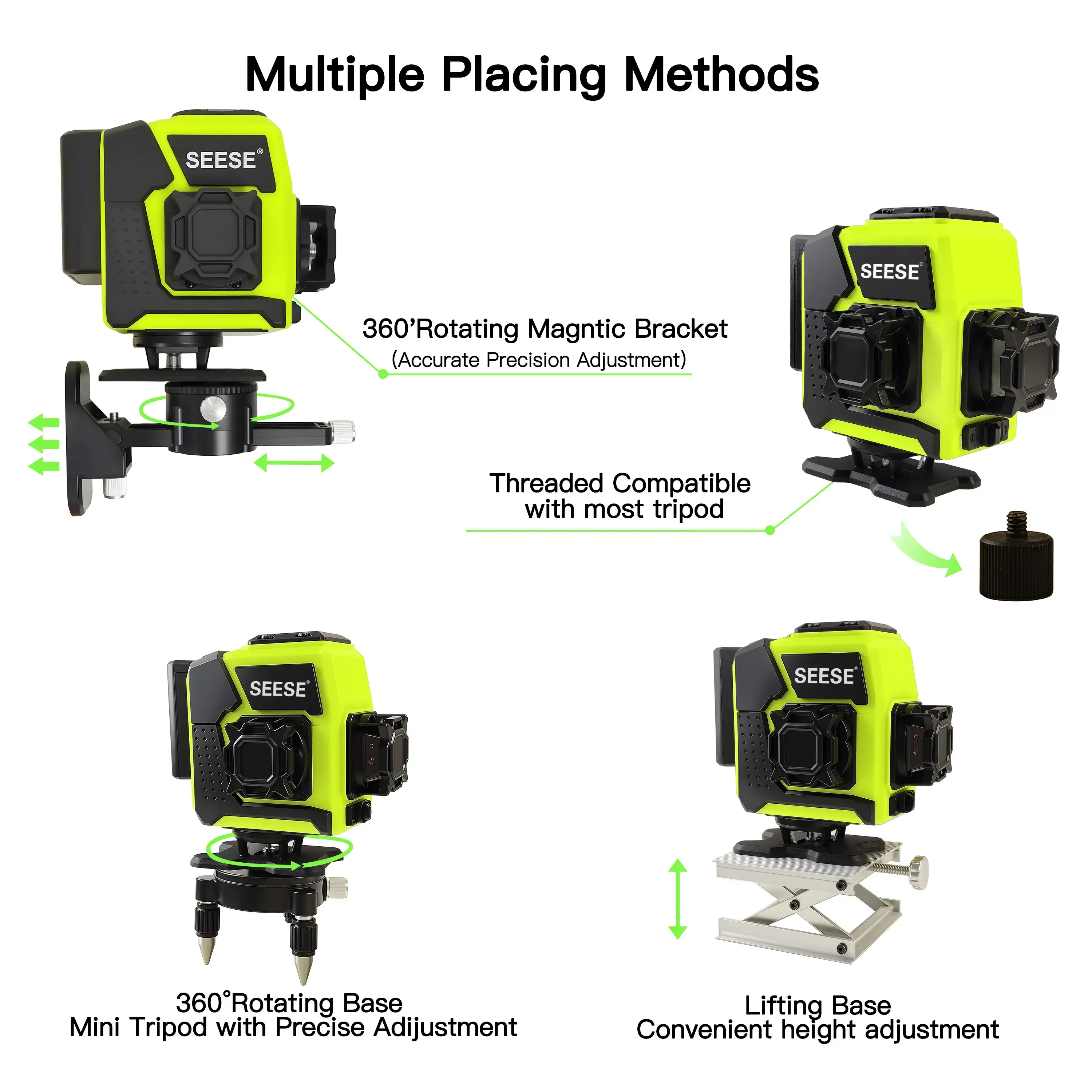 12-Line Green Laser Level 3x360° Self-Leveling Remote Control Dual Batteries Full Accessories for Tile Cabinet Home Improvement Greenish