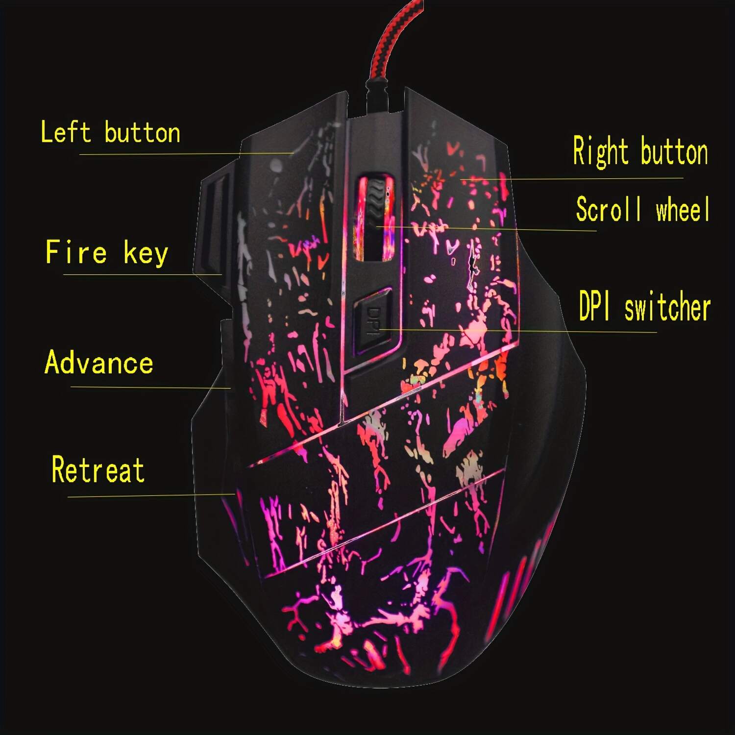 HXSJ Exploding Cracked Rainbow Light Gaming Mouse, A Gaming Mouse With Seven Buttons, Capable Of Reaching Up To 3200dpi.