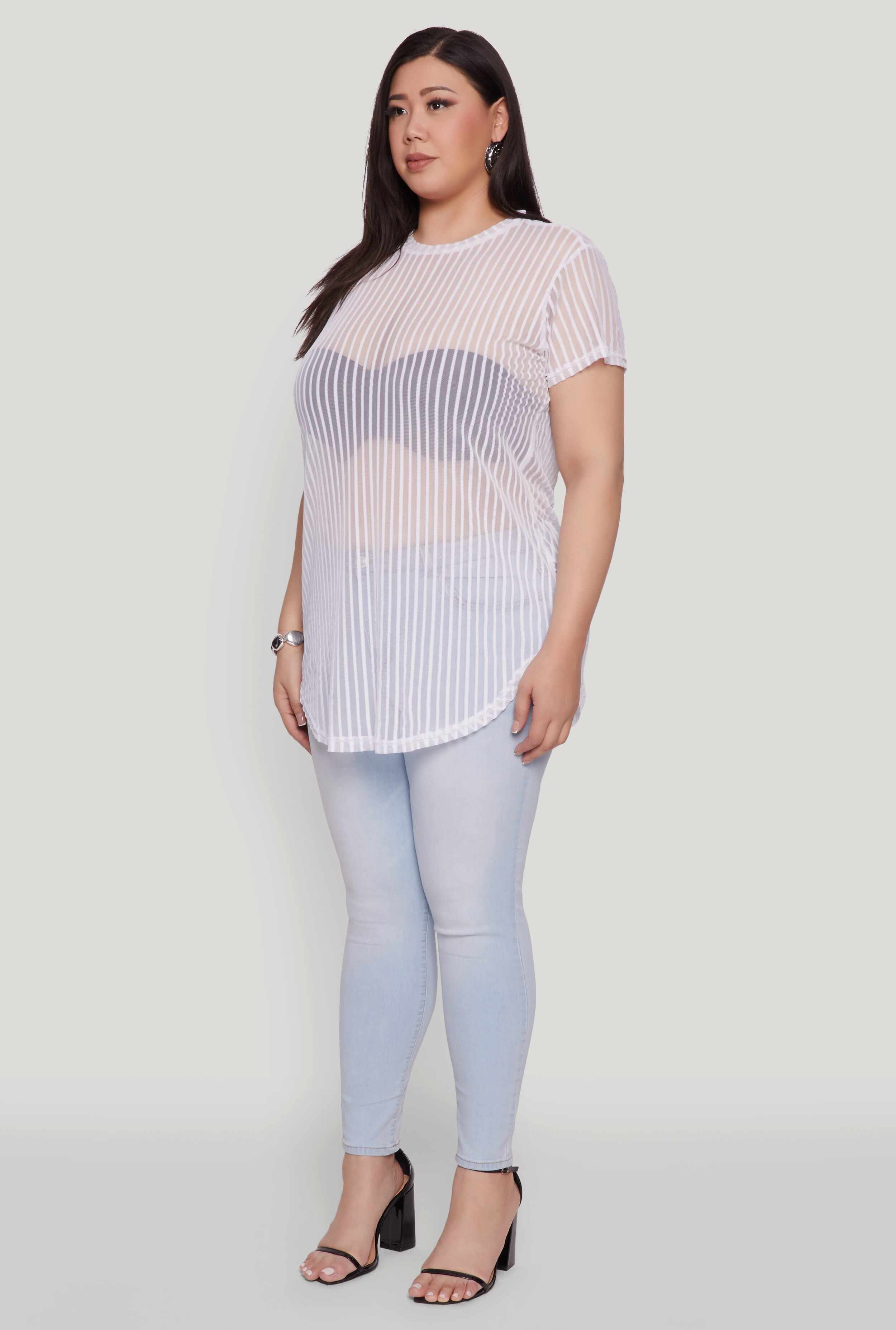 Plus Size Shadow Stripe Mesh Top