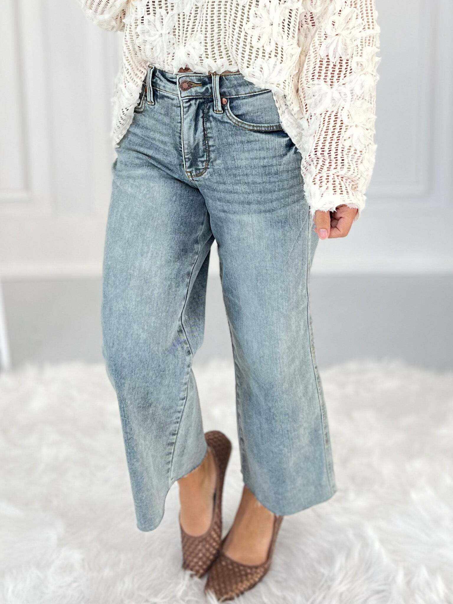 Very Demure - Christmas Tummy Control Cropped Wide Jeans- Final Sale